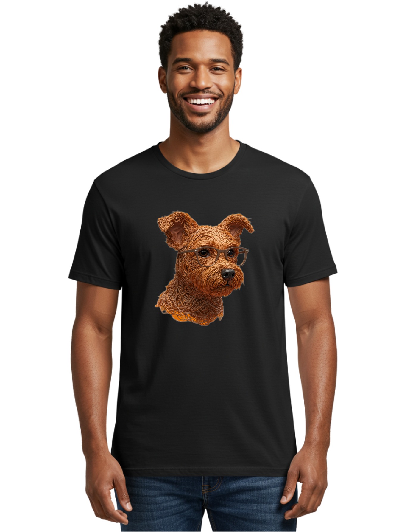 Wire-Dog-With-Glasses Men'S Graphic Tee, 100% Cotton, Comfortable Casual Summer Wear, Machine Washable, Dog Wearing Glasses, Wire Art Dog, Animal Portrait, Dog Portrait, Pet Illustration, Wire Sculpture, Creative Dog Art, Dog With Glasses, Bab589 22