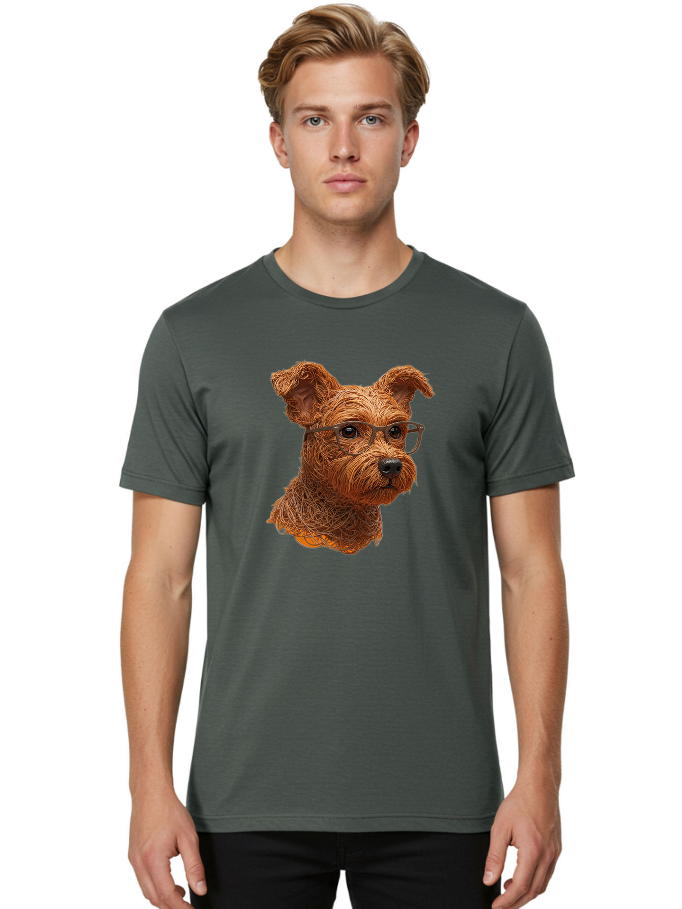 Wire-Dog-With-Glasses Men'S Graphic Tee, 100% Cotton, Comfortable Casual Summer Wear, Machine Washable, Dog Wearing Glasses, Wire Art Dog, Animal Portrait, Dog Portrait, Pet Illustration, Wire Sculpture, Creative Dog Art, Dog With Glasses, Bab589 30