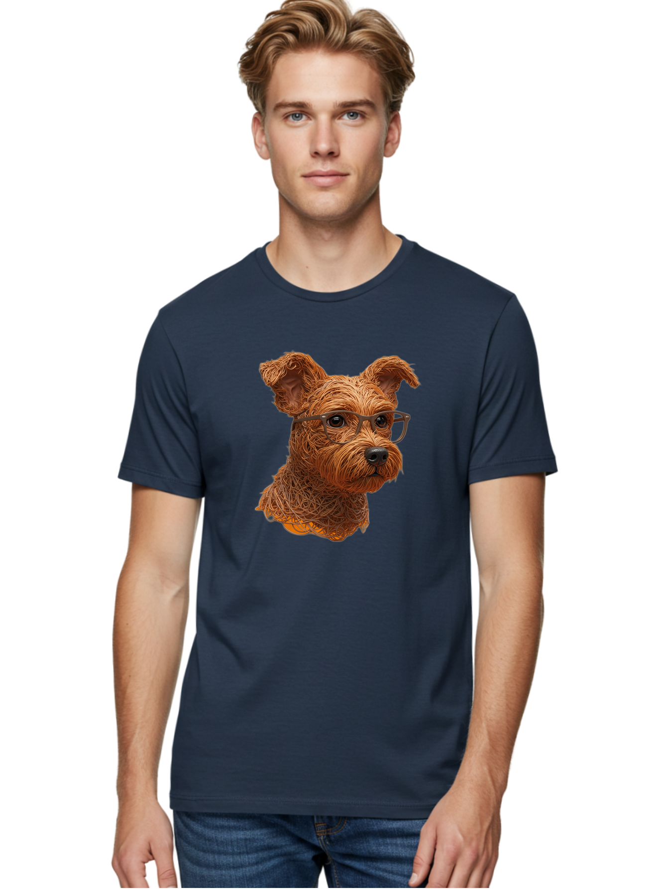 Wire-Dog-With-Glasses Men'S Graphic Tee, 100% Cotton, Comfortable Casual Summer Wear, Machine Washable, Dog Wearing Glasses, Wire Art Dog, Animal Portrait, Dog Portrait, Pet Illustration, Wire Sculpture, Creative Dog Art, Dog With Glasses, Bab589 18