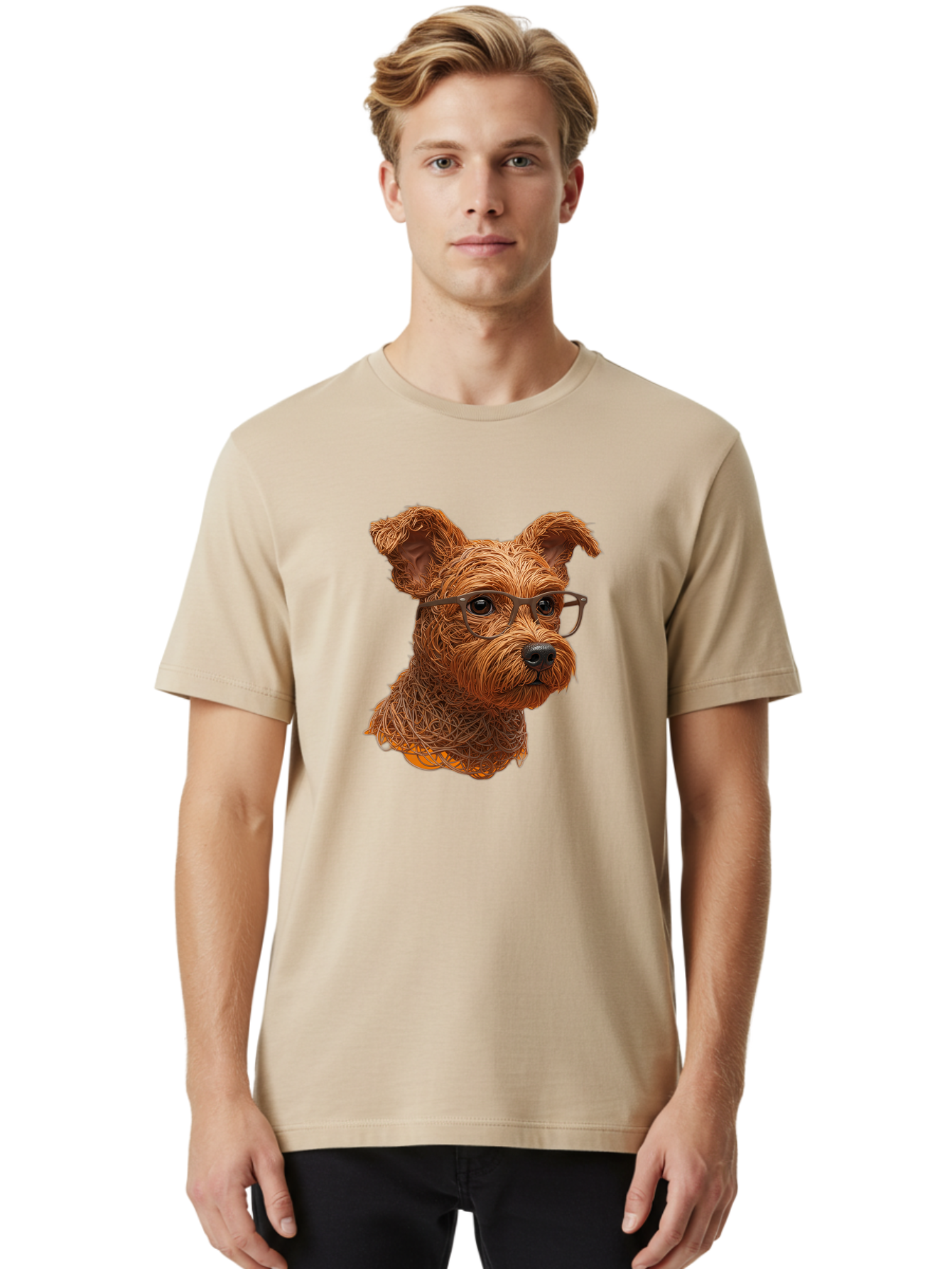 Wire-Dog-With-Glasses Men'S Graphic Tee, 100% Cotton, Comfortable Casual Summer Wear, Machine Washable, Dog Wearing Glasses, Wire Art Dog, Animal Portrait, Dog Portrait, Pet Illustration, Wire Sculpture, Creative Dog Art, Dog With Glasses, Bab589 19