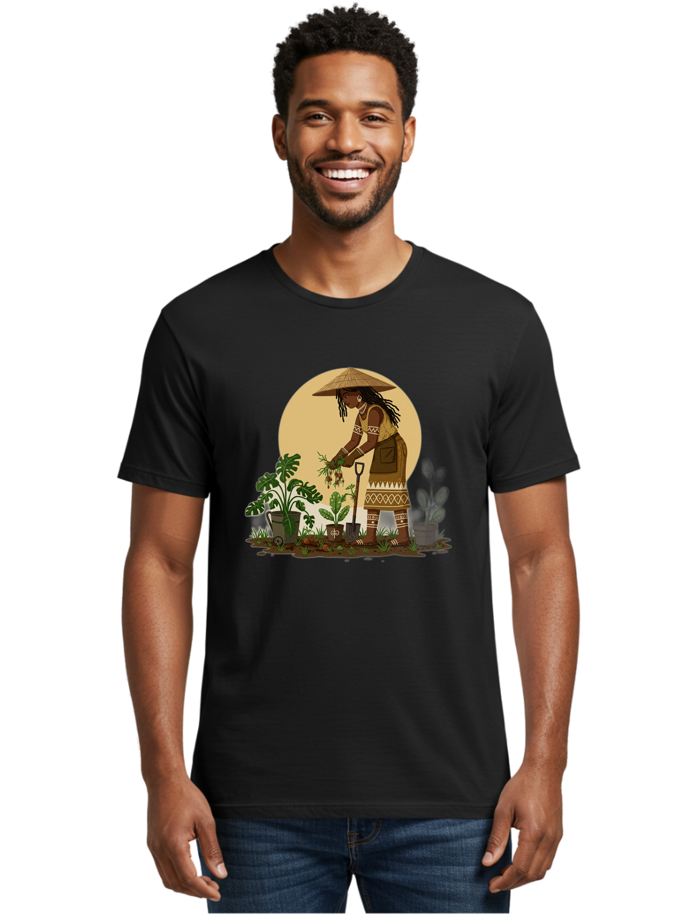 Woman-Gardening-1 Men'S Graphic Tee, 100% Cotton, Comfortable Casual Summer Wear, Machine Washable, Woman Gardening, Harvesting Plants, Traditional Clothing, Conical Hat, Farming Activities, Cultural Heritage, Rural Lifestyle, Green Plants, Bab590 16