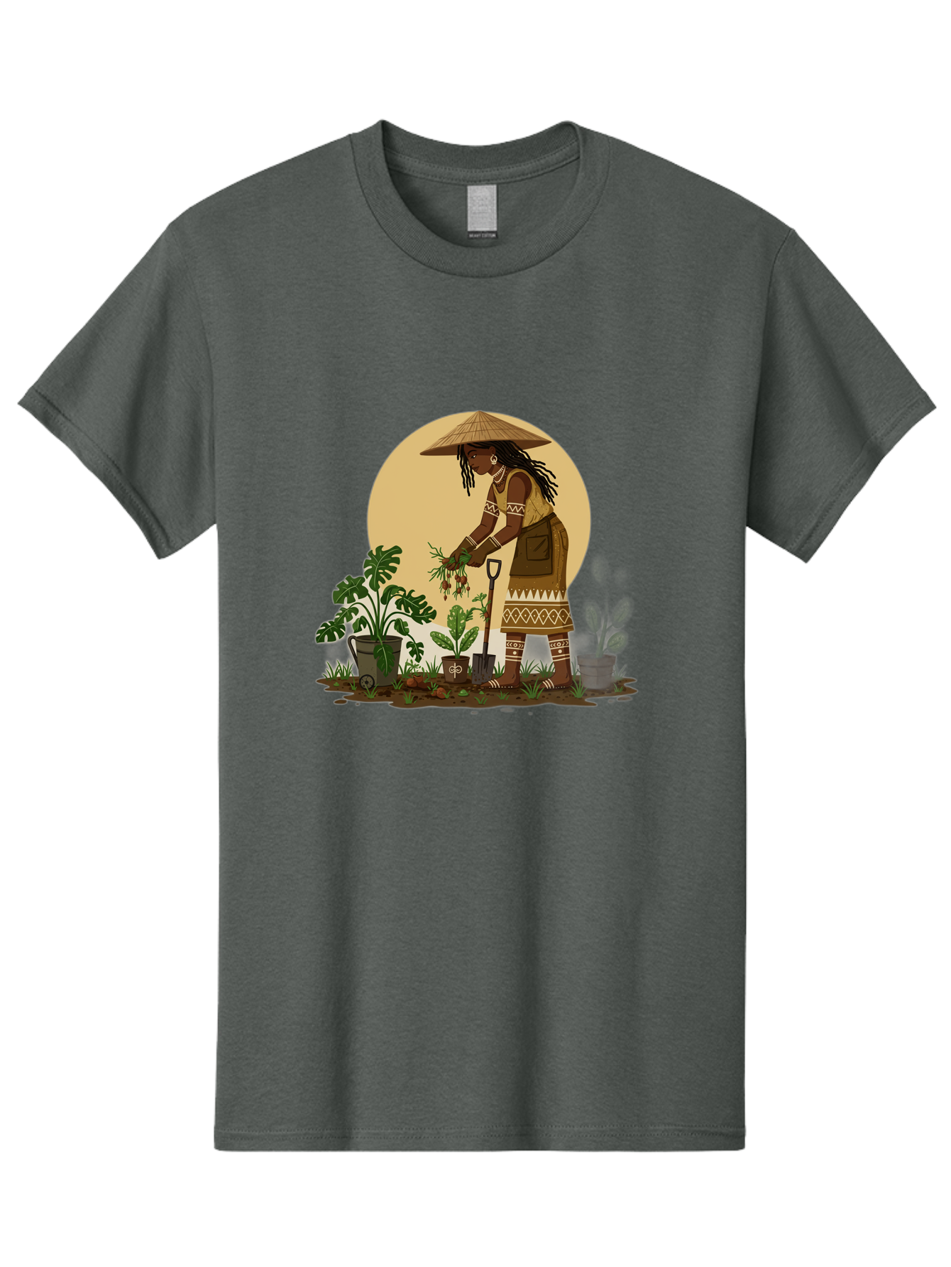 Woman-Gardening-1 Men'S Graphic Tee, 100% Cotton, Comfortable Casual Summer Wear, Machine Washable, Woman Gardening, Harvesting Plants, Traditional Clothing, Conical Hat, Farming Activities, Cultural Heritage, Rural Lifestyle, Green Plants, Bab590
