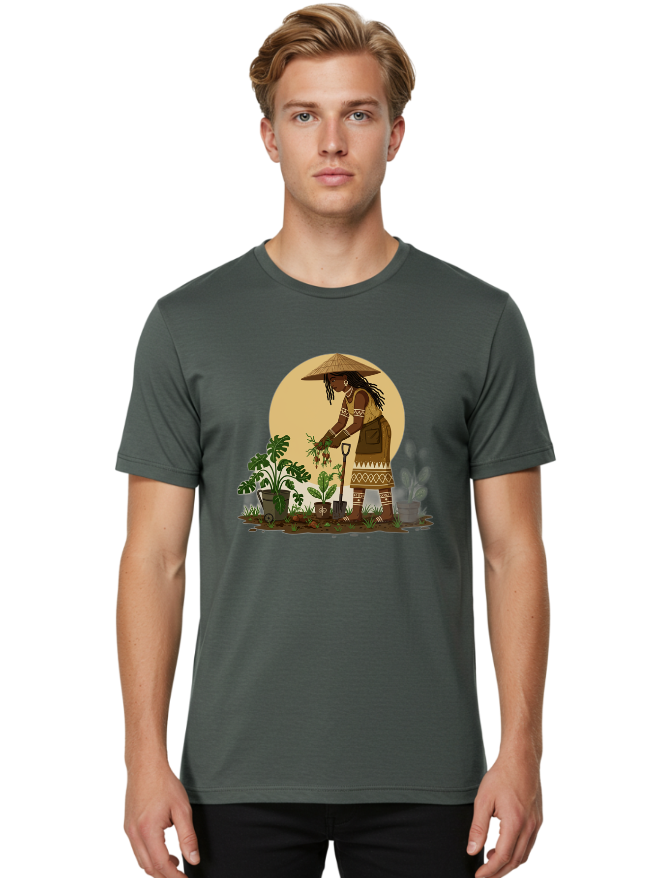 Woman-Gardening-1 Men'S Graphic Tee, 100% Cotton, Comfortable Casual Summer Wear, Machine Washable, Woman Gardening, Harvesting Plants, Traditional Clothing, Conical Hat, Farming Activities, Cultural Heritage, Rural Lifestyle, Green Plants, Bab590 17
