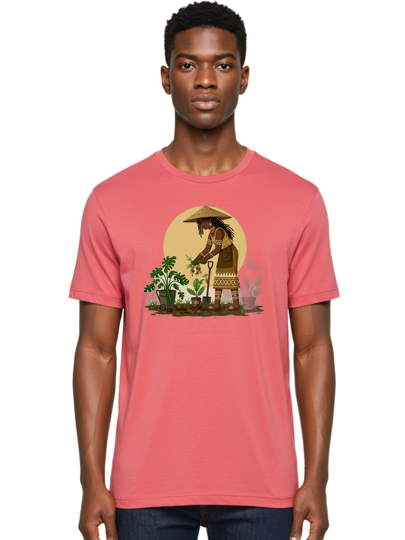 Woman-Gardening-1 Men'S Graphic Tee, 100% Cotton, Comfortable Casual Summer Wear, Machine Washable, Woman Gardening, Harvesting Plants, Traditional Clothing, Conical Hat, Farming Activities, Cultural Heritage, Rural Lifestyle, Green Plants, Bab590 22