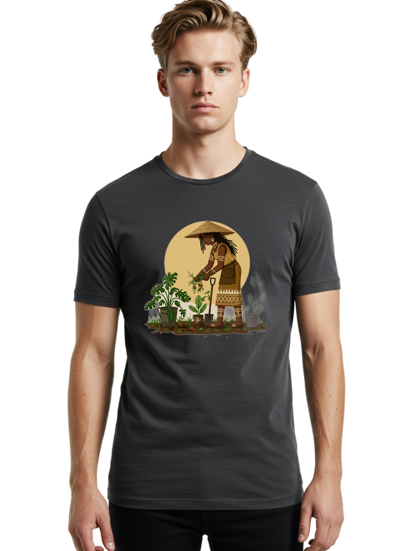Woman-Gardening-1 Men'S Graphic Tee, 100% Cotton, Comfortable Casual Summer Wear, Machine Washable, Woman Gardening, Harvesting Plants, Traditional Clothing, Conical Hat, Farming Activities, Cultural Heritage, Rural Lifestyle, Green Plants, Bab590 26