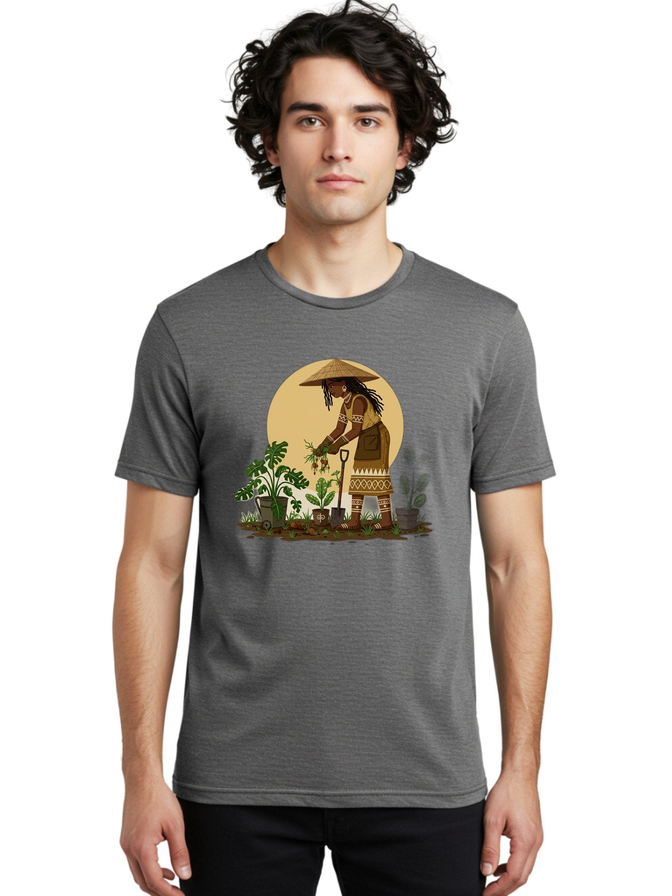 Woman-Gardening-1 Men'S Graphic Tee, 100% Cotton, Comfortable Casual Summer Wear, Machine Washable, Woman Gardening, Harvesting Plants, Traditional Clothing, Conical Hat, Farming Activities, Cultural Heritage, Rural Lifestyle, Green Plants, Bab590 23