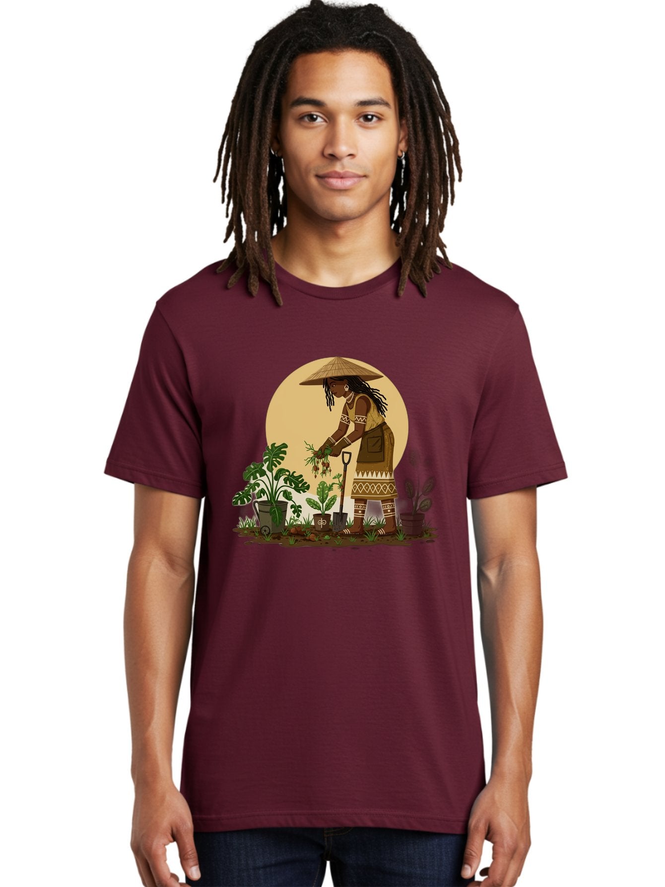 Woman-Gardening-1 Men'S Graphic Tee, 100% Cotton, Comfortable Casual Summer Wear, Machine Washable, Woman Gardening, Harvesting Plants, Traditional Clothing, Conical Hat, Farming Activities, Cultural Heritage, Rural Lifestyle, Green Plants, Bab590 21