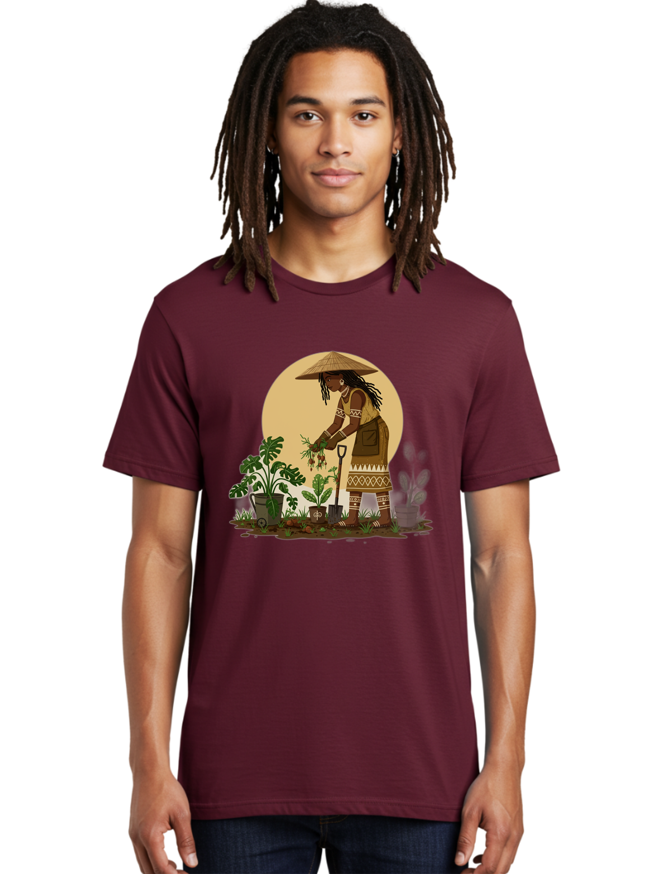 Woman-Gardening-1 Men'S Graphic Tee, 100% Cotton, Comfortable Casual Summer Wear, Machine Washable, Woman Gardening, Harvesting Plants, Traditional Clothing, Conical Hat, Farming Activities, Cultural Heritage, Rural Lifestyle, Green Plants, Bab590 25
