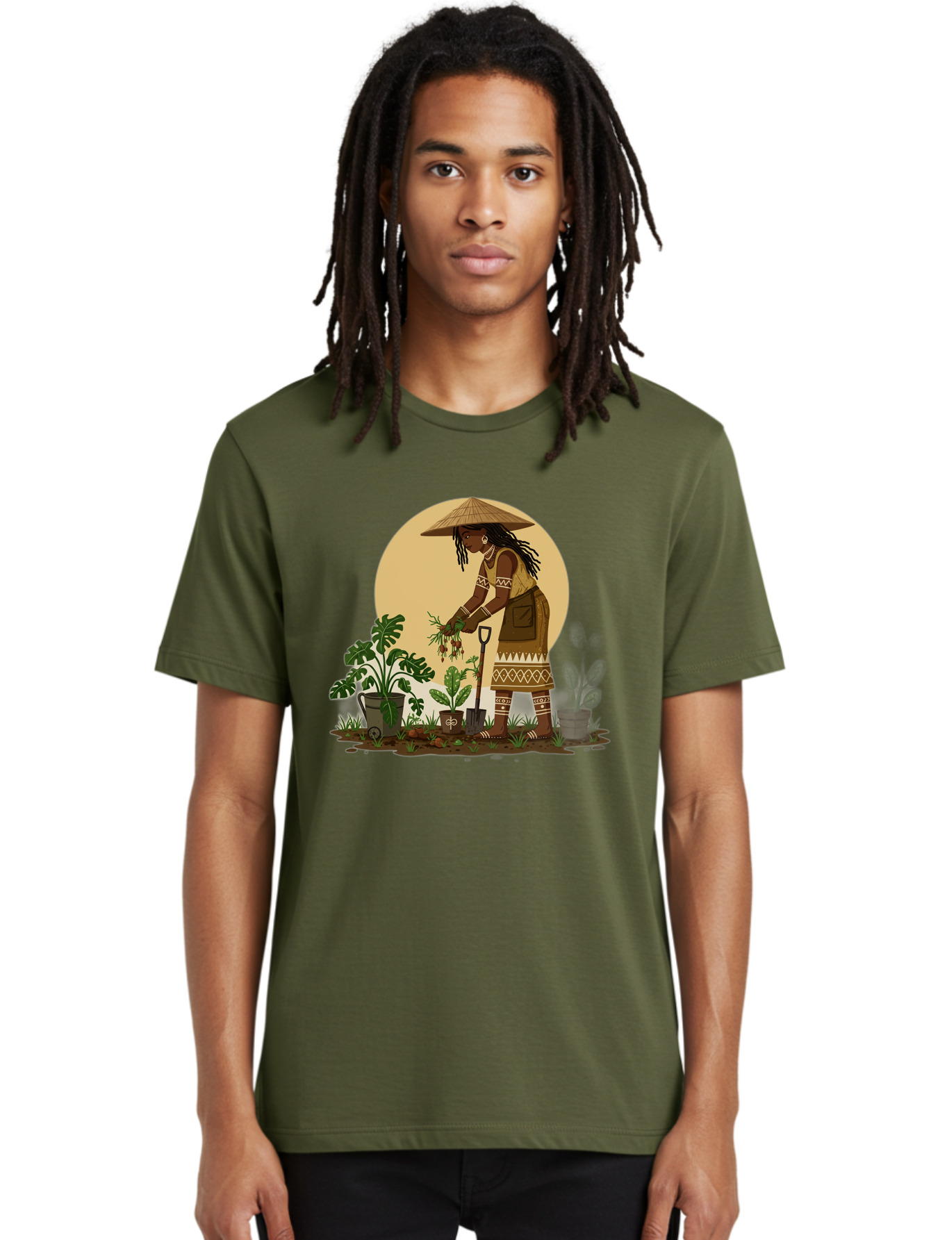 Woman-Gardening-1 Men'S Graphic Tee, 100% Cotton, Comfortable Casual Summer Wear, Machine Washable, Woman Gardening, Harvesting Plants, Traditional Clothing, Conical Hat, Farming Activities, Cultural Heritage, Rural Lifestyle, Green Plants, Bab590 24