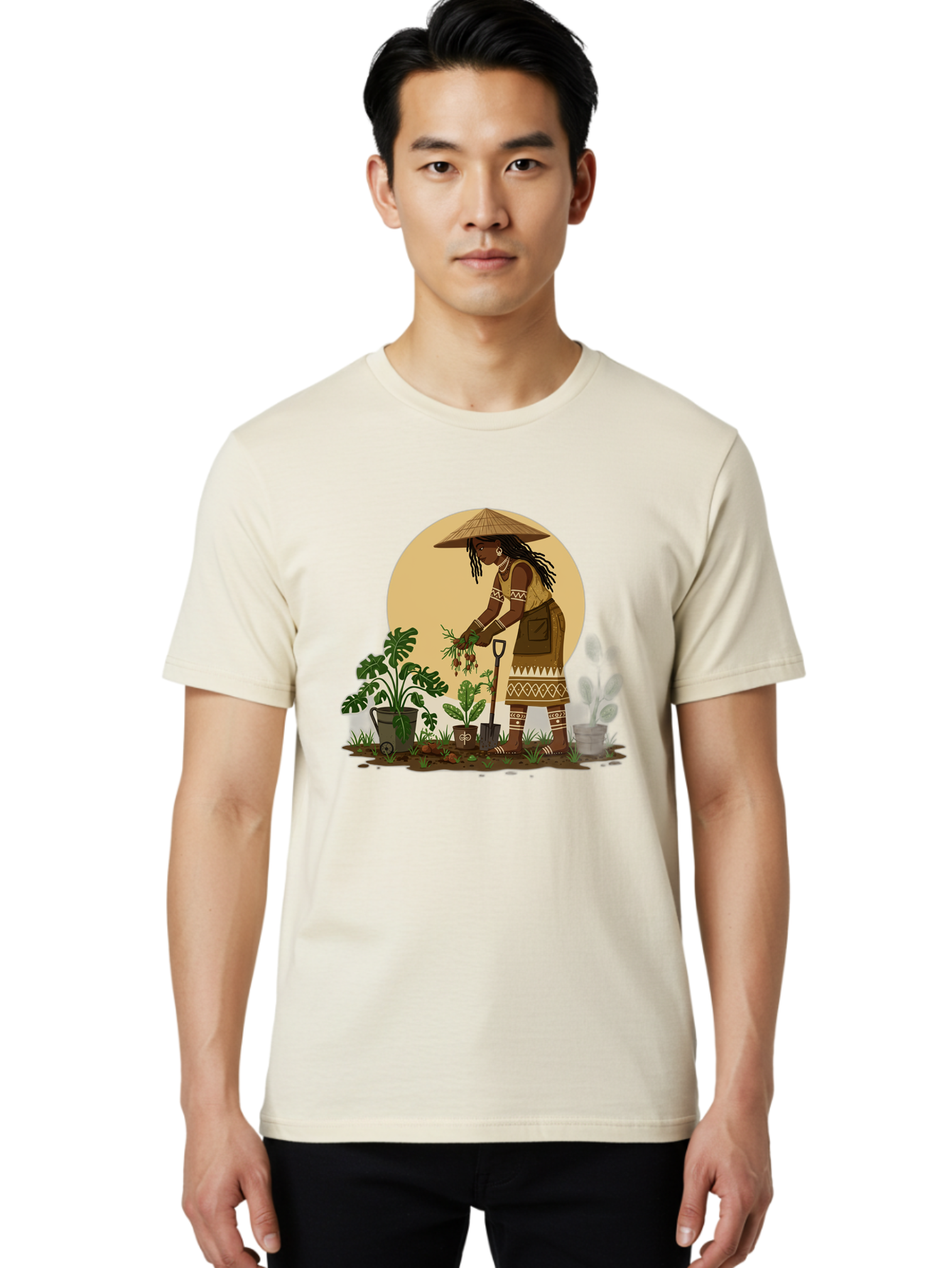 Woman-Gardening-1 Men'S Graphic Tee, 100% Cotton, Comfortable Casual Summer Wear, Machine Washable, Woman Gardening, Harvesting Plants, Traditional Clothing, Conical Hat, Farming Activities, Cultural Heritage, Rural Lifestyle, Green Plants, Bab590 29