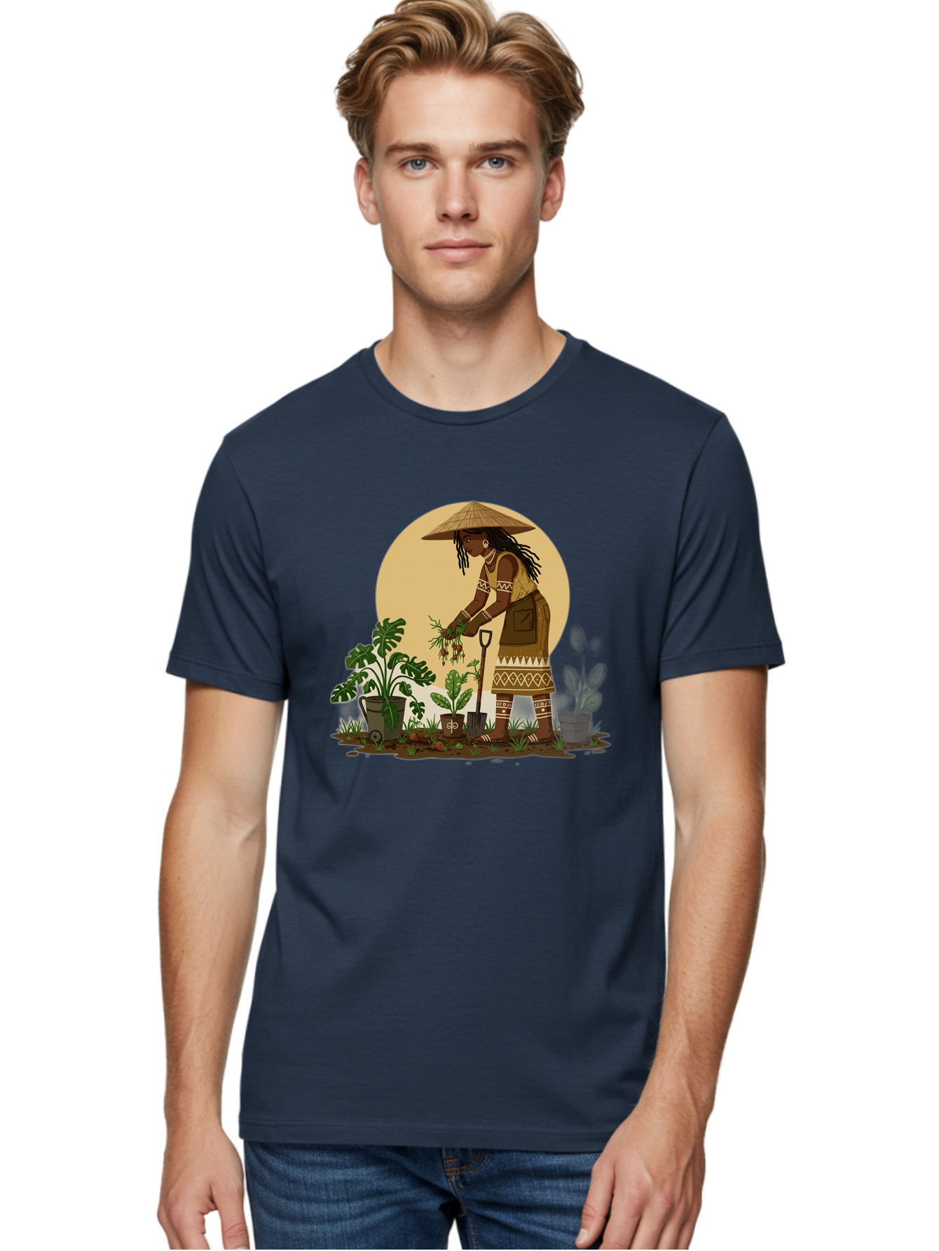 Woman-Gardening-1 Men'S Graphic Tee, 100% Cotton, Comfortable Casual Summer Wear, Machine Washable, Woman Gardening, Harvesting Plants, Traditional Clothing, Conical Hat, Farming Activities, Cultural Heritage, Rural Lifestyle, Green Plants, Bab590 21