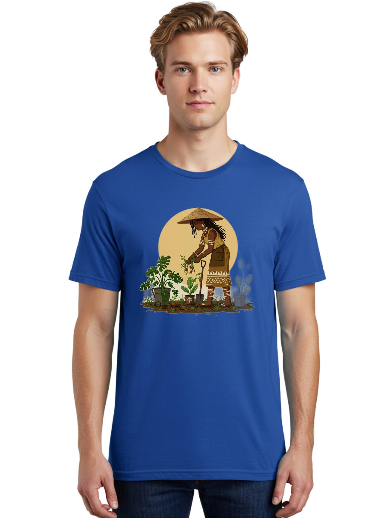 Woman-Gardening-1 Men'S Graphic Tee, 100% Cotton, Comfortable Casual Summer Wear, Machine Washable, Woman Gardening, Harvesting Plants, Traditional Clothing, Conical Hat, Farming Activities, Cultural Heritage, Rural Lifestyle, Green Plants, Bab590 30