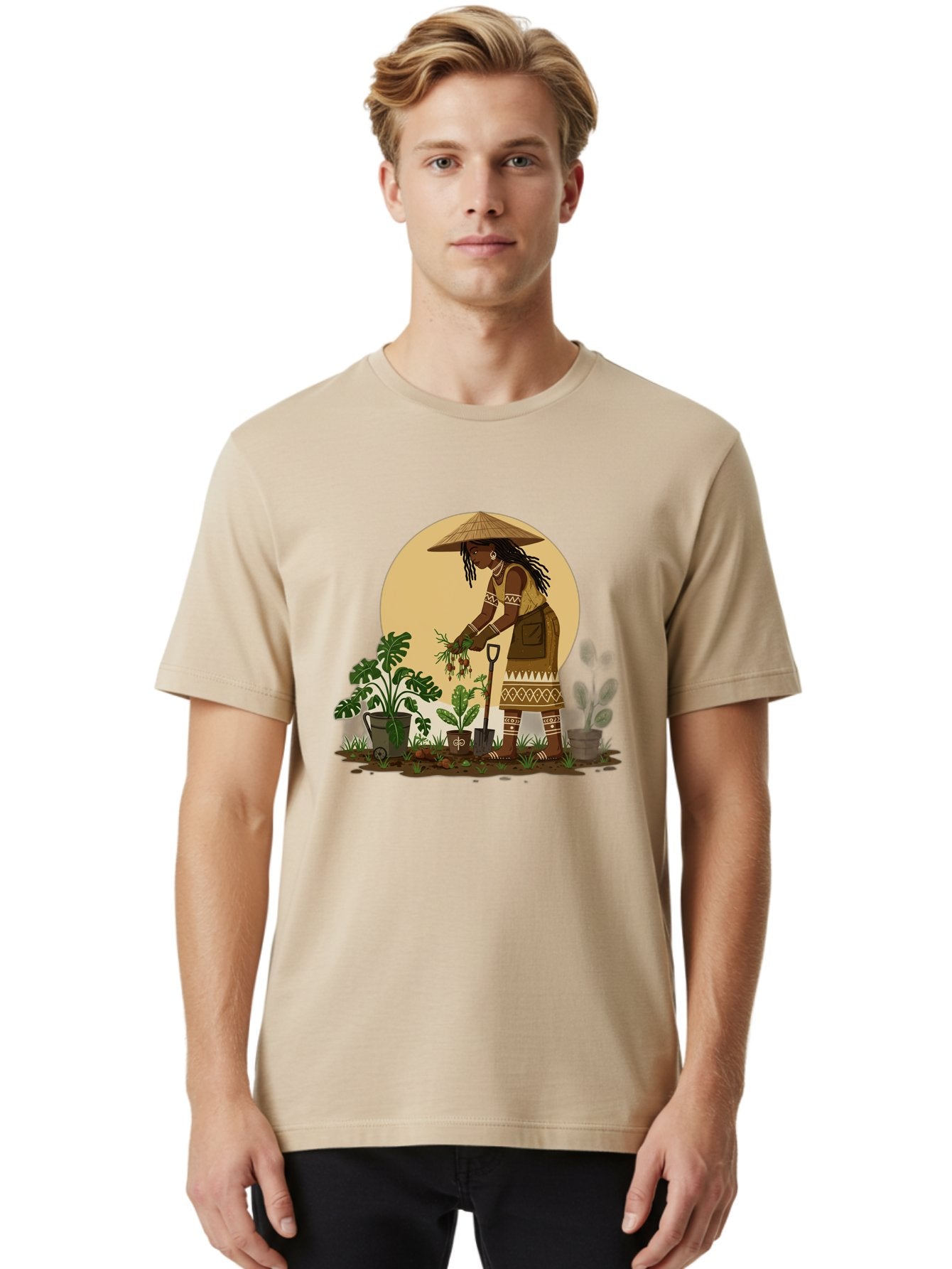 Woman-Gardening-1 Men'S Graphic Tee, 100% Cotton, Comfortable Casual Summer Wear, Machine Washable, Woman Gardening, Harvesting Plants, Traditional Clothing, Conical Hat, Farming Activities, Cultural Heritage, Rural Lifestyle, Green Plants, Bab590 16