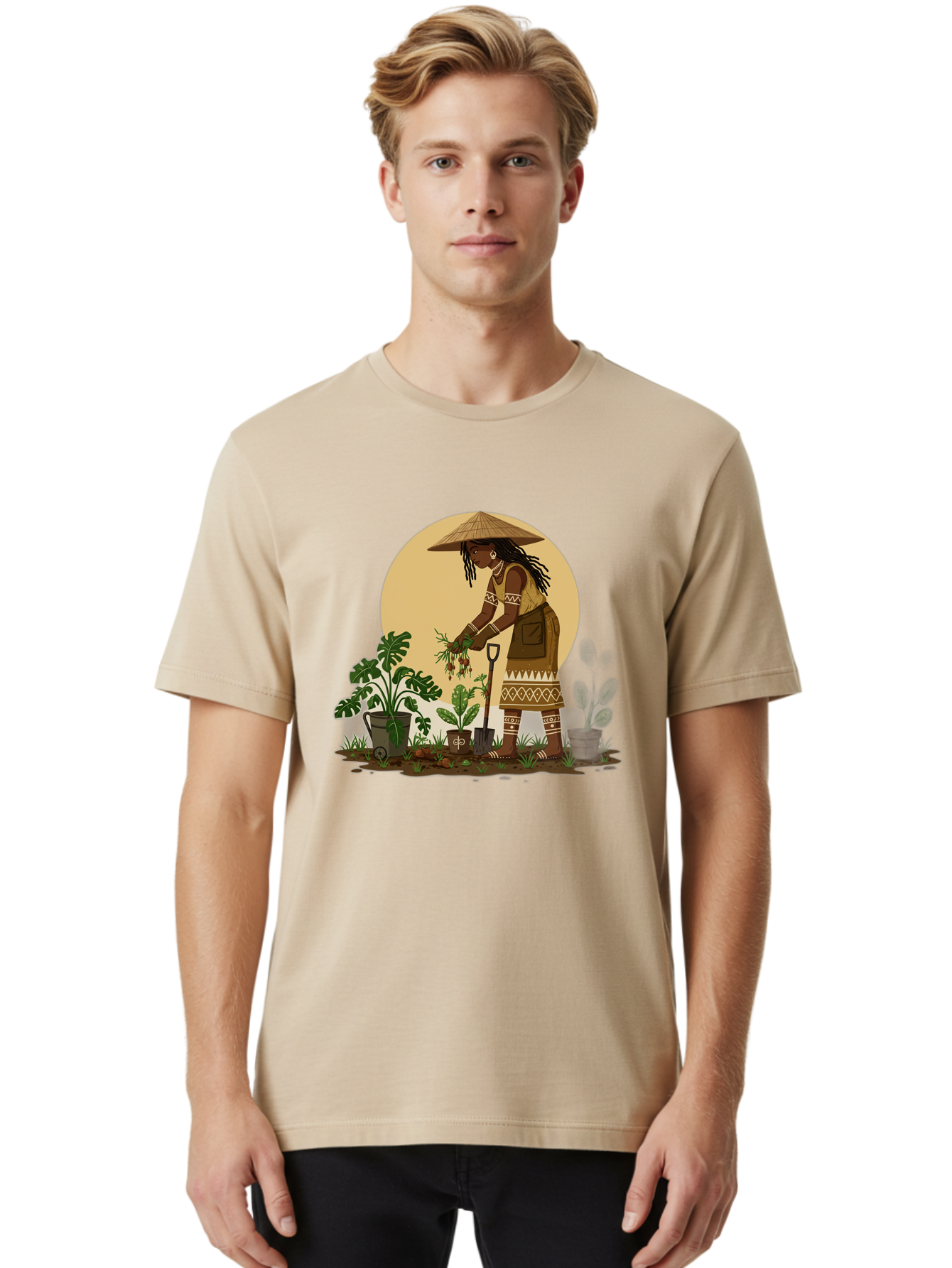 Woman-Gardening-1 Men'S Graphic Tee, 100% Cotton, Comfortable Casual Summer Wear, Machine Washable, Woman Gardening, Harvesting Plants, Traditional Clothing, Conical Hat, Farming Activities, Cultural Heritage, Rural Lifestyle, Green Plants, Bab590 28