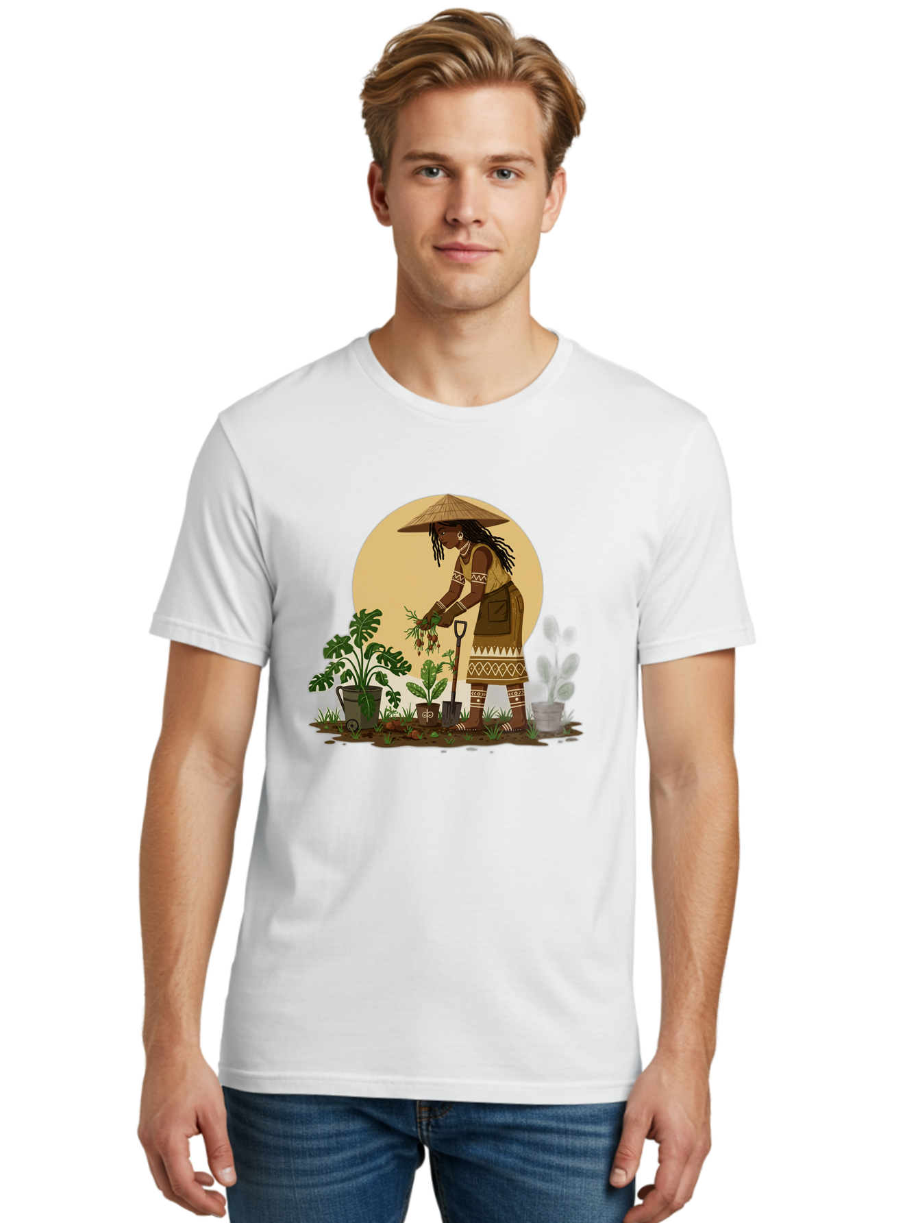Woman-Gardening-1 Men'S Graphic Tee, 100% Cotton, Comfortable Casual Summer Wear, Machine Washable, Woman Gardening, Harvesting Plants, Traditional Clothing, Conical Hat, Farming Activities, Cultural Heritage, Rural Lifestyle, Green Plants, Bab590 27