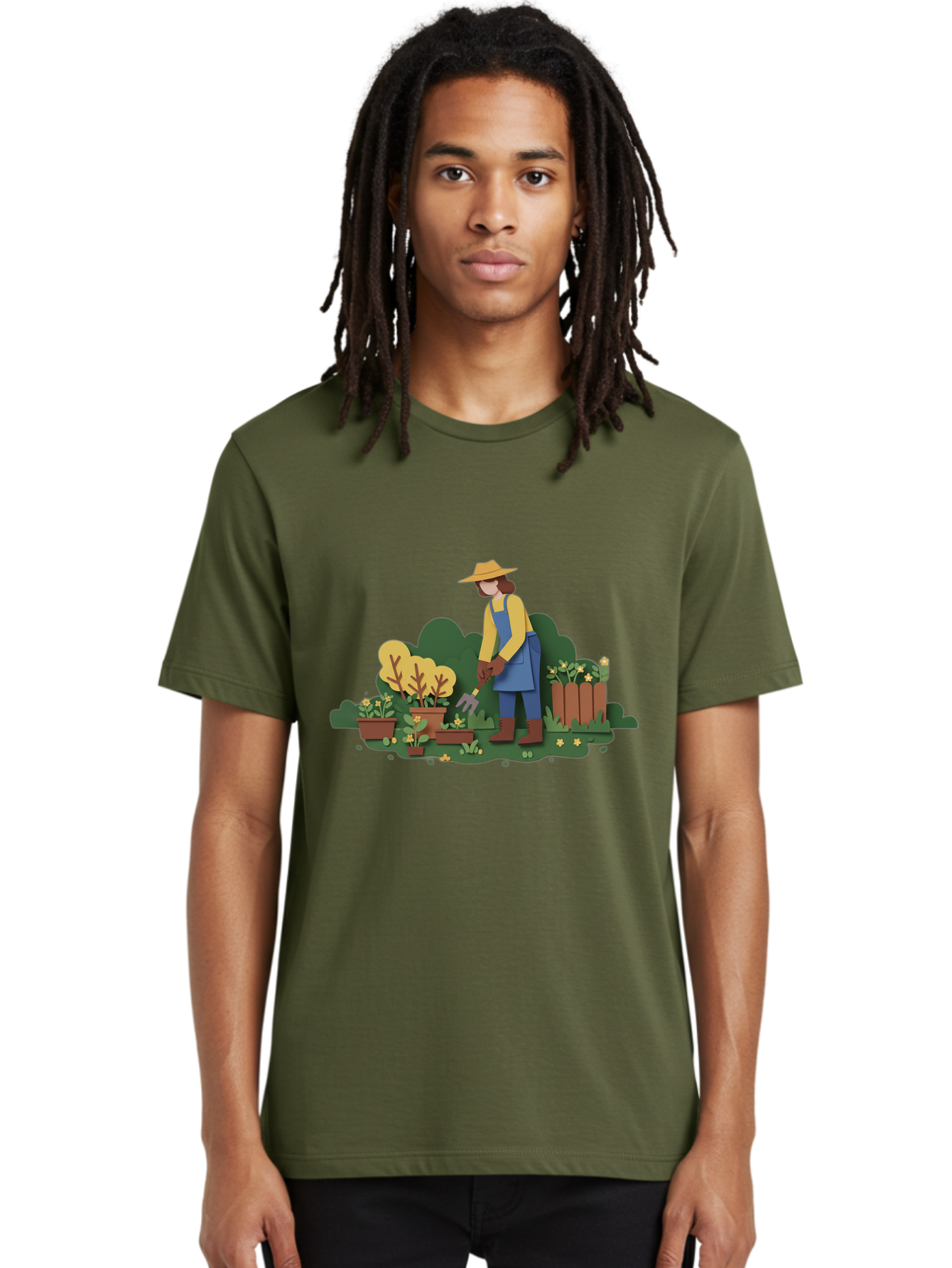 Woman-Gardening Men'S Graphic Tee, 100% Cotton, Comfortable Casual Summer Wear, Machine Washable, Gardener Tending Plants, Gardening Tools, Potted Plants, Gardening Activities, Yellow Flowers, Garden Scenery, Outdoor Work, Gardening Gloves Bab591 24
