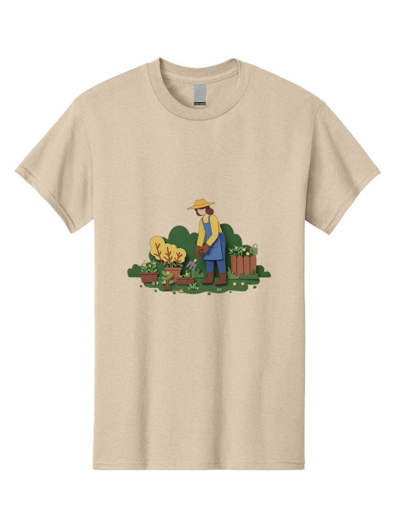 Woman-Gardening Men'S Graphic Tee, 100% Cotton, Comfortable Casual Summer Wear, Machine Washable, Gardener Tending Plants, Gardening Tools, Potted Plants, Gardening Activities, Yellow Flowers, Garden Scenery, Outdoor Work, Gardening Gloves Bab591