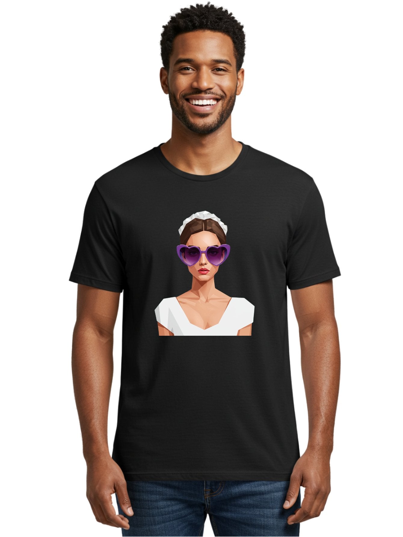 Woman-In-Sunglasses Men'S Graphic Tee, 100% Cotton, Comfortable Casual Summer Wear, Machine Washable, Fashionable Woman, Stylish Sunglasses, Elegant White Dress, Sophisticated Look, Trendy Accessories, Modern Fashion, Purple Shades, Bab592 27