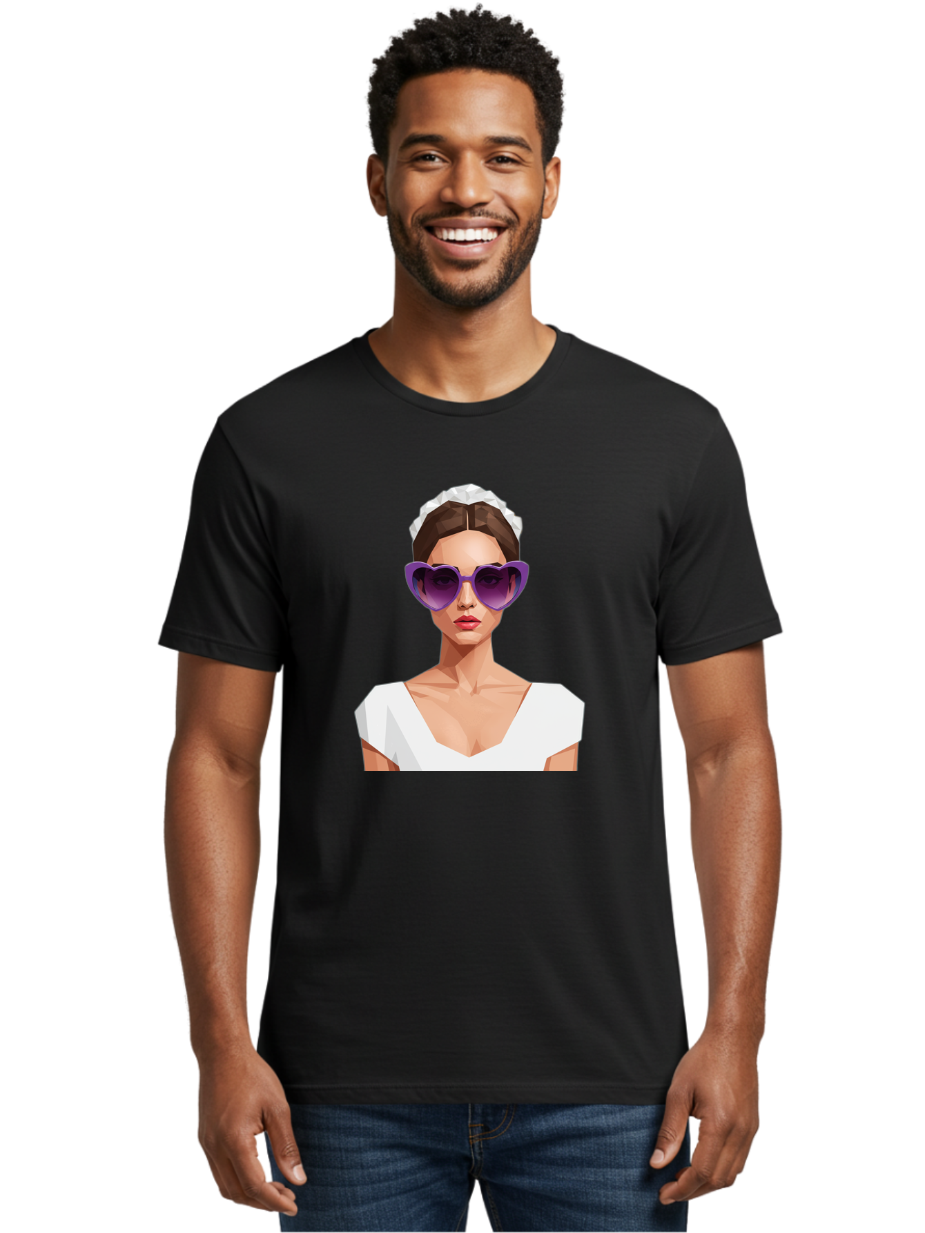 Woman-In-Sunglasses Men'S Graphic Tee, 100% Cotton, Comfortable Casual Summer Wear, Machine Washable, Fashionable Woman, Stylish Sunglasses, Elegant White Dress, Sophisticated Look, Trendy Accessories, Modern Fashion, Purple Shades, Bab592 19
