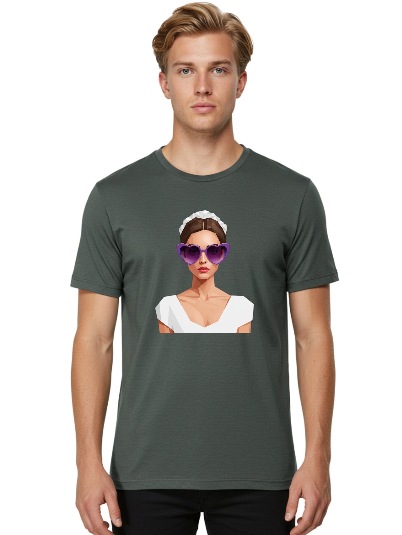 Woman-In-Sunglasses Men'S Graphic Tee, 100% Cotton, Comfortable Casual Summer Wear, Machine Washable, Fashionable Woman, Stylish Sunglasses, Elegant White Dress, Sophisticated Look, Trendy Accessories, Modern Fashion, Purple Shades, Bab592 23