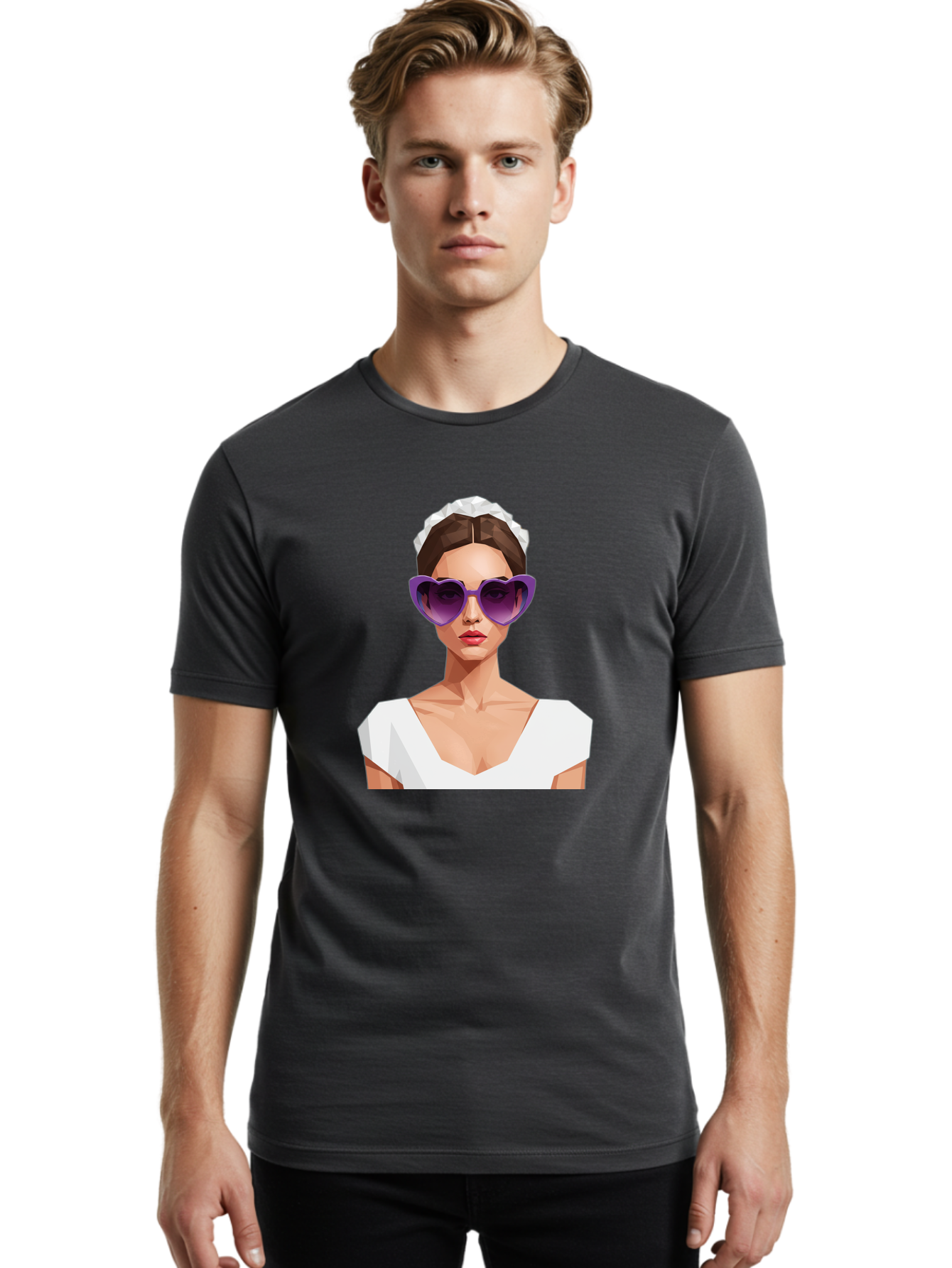 Woman-In-Sunglasses Men'S Graphic Tee, 100% Cotton, Comfortable Casual Summer Wear, Machine Washable, Fashionable Woman, Stylish Sunglasses, Elegant White Dress, Sophisticated Look, Trendy Accessories, Modern Fashion, Purple Shades, Bab592 29