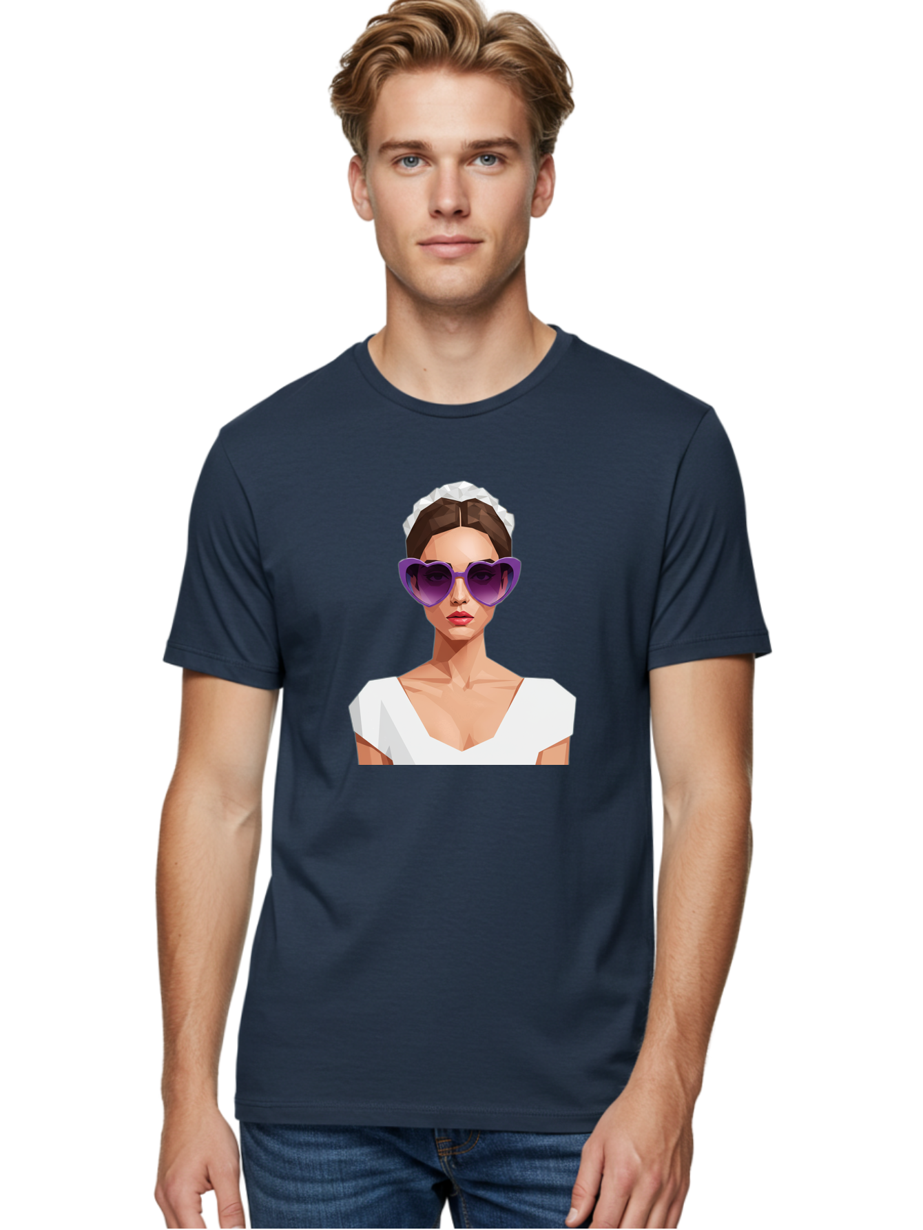 Woman-In-Sunglasses Men'S Graphic Tee, 100% Cotton, Comfortable Casual Summer Wear, Machine Washable, Fashionable Woman, Stylish Sunglasses, Elegant White Dress, Sophisticated Look, Trendy Accessories, Modern Fashion, Purple Shades, Bab592 26