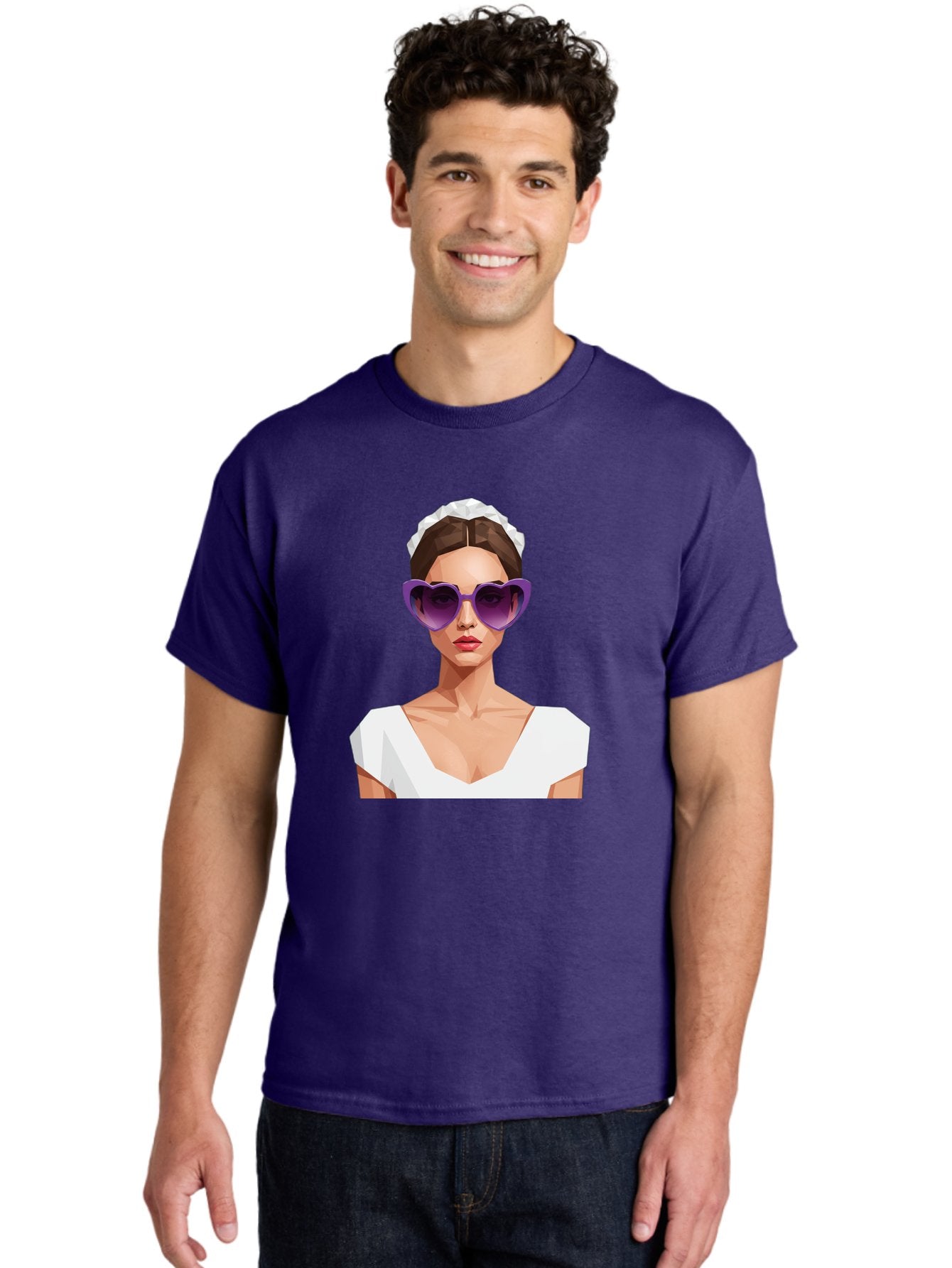 Woman-In-Sunglasses Men'S Graphic Tee, 100% Cotton, Comfortable Casual Summer Wear, Machine Washable, Fashionable Woman, Stylish Sunglasses, Elegant White Dress, Sophisticated Look, Trendy Accessories, Modern Fashion, Purple Shades, Bab592 30