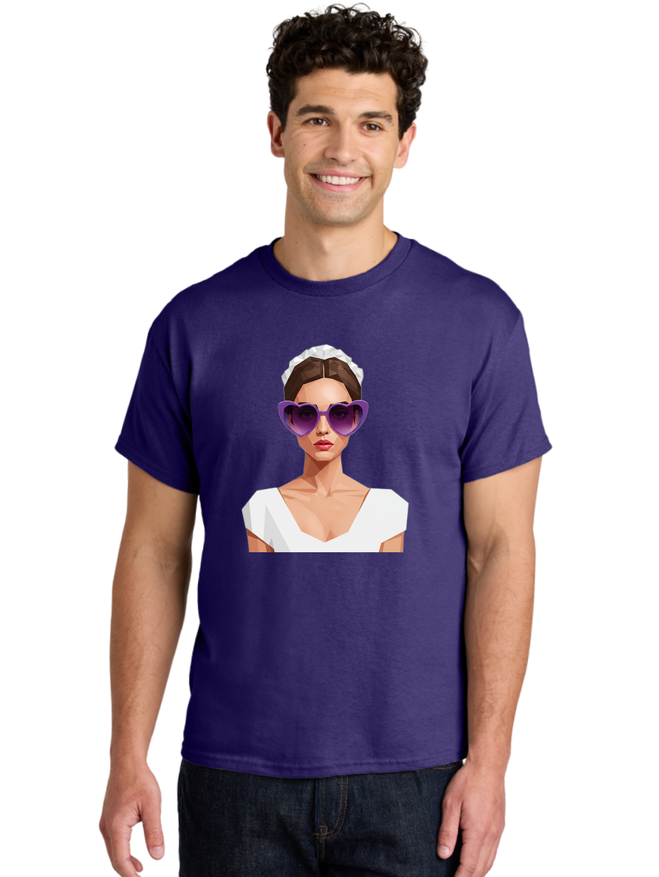 Woman-In-Sunglasses Men'S Graphic Tee, 100% Cotton, Comfortable Casual Summer Wear, Machine Washable, Fashionable Woman, Stylish Sunglasses, Elegant White Dress, Sophisticated Look, Trendy Accessories, Modern Fashion, Purple Shades, Bab592 16