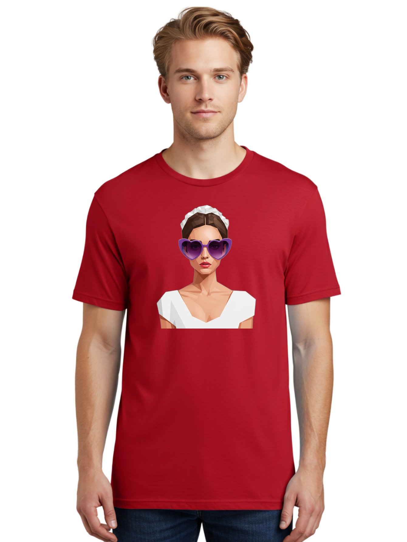 Woman-In-Sunglasses Men'S Graphic Tee, 100% Cotton, Comfortable Casual Summer Wear, Machine Washable, Fashionable Woman, Stylish Sunglasses, Elegant White Dress, Sophisticated Look, Trendy Accessories, Modern Fashion, Purple Shades, Bab592 25
