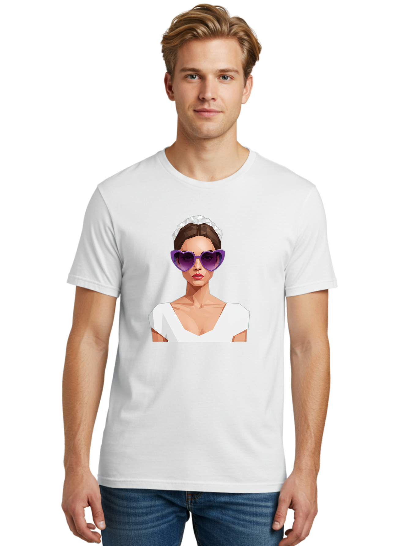 Woman-In-Sunglasses Men'S Graphic Tee, 100% Cotton, Comfortable Casual Summer Wear, Machine Washable, Fashionable Woman, Stylish Sunglasses, Elegant White Dress, Sophisticated Look, Trendy Accessories, Modern Fashion, Purple Shades, Bab592 27