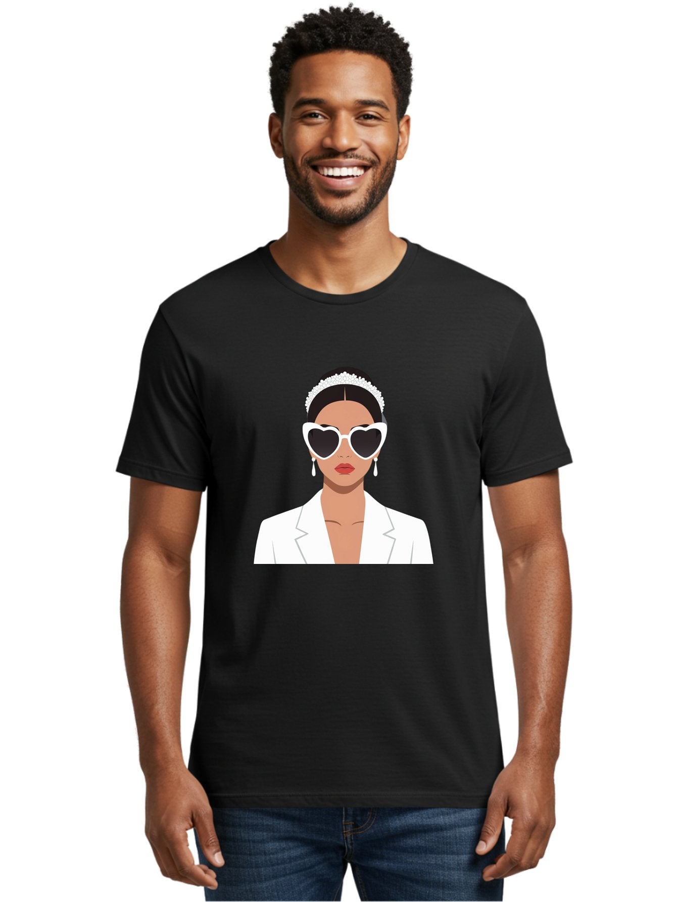 Woman-In-White Men'S Graphic Tee, 100% Cotton, Comfortable Casual Summer Wear, Machine Washable, Fashionable Woman, Heart-Shaped Sunglasses, White Blazer, Elegant Jewelry, Stylish Accessory, Trendy Outfit, Glamorous, Sophisticated Style, Bab593 27