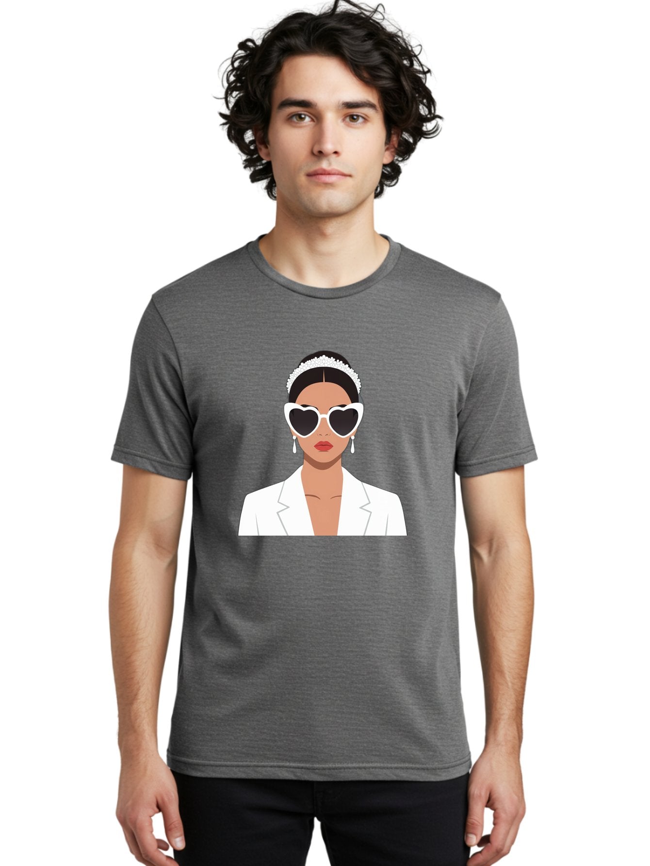 Woman-In-White Men'S Graphic Tee, 100% Cotton, Comfortable Casual Summer Wear, Machine Washable, Fashionable Woman, Heart-Shaped Sunglasses, White Blazer, Elegant Jewelry, Stylish Accessory, Trendy Outfit, Glamorous, Sophisticated Style, Bab593 22