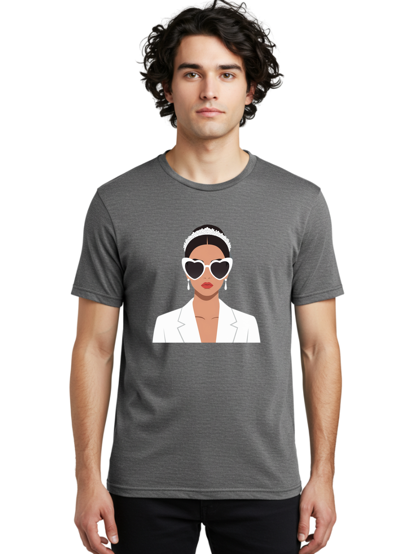 Woman-In-White Men'S Graphic Tee, 100% Cotton, Comfortable Casual Summer Wear, Machine Washable, Fashionable Woman, Heart-Shaped Sunglasses, White Blazer, Elegant Jewelry, Stylish Accessory, Trendy Outfit, Glamorous, Sophisticated Style, Bab593 24