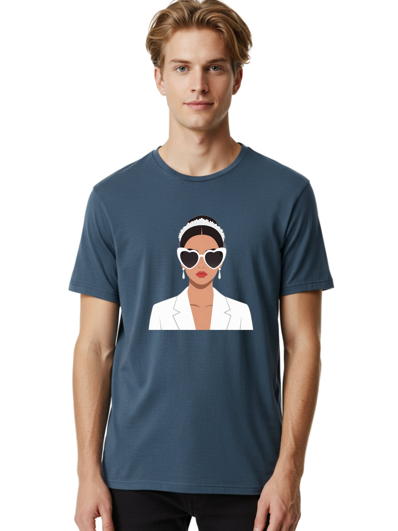 Woman-In-White Men'S Graphic Tee, 100% Cotton, Comfortable Casual Summer Wear, Machine Washable, Fashionable Woman, Heart-Shaped Sunglasses, White Blazer, Elegant Jewelry, Stylish Accessory, Trendy Outfit, Glamorous, Sophisticated Style, Bab593 20