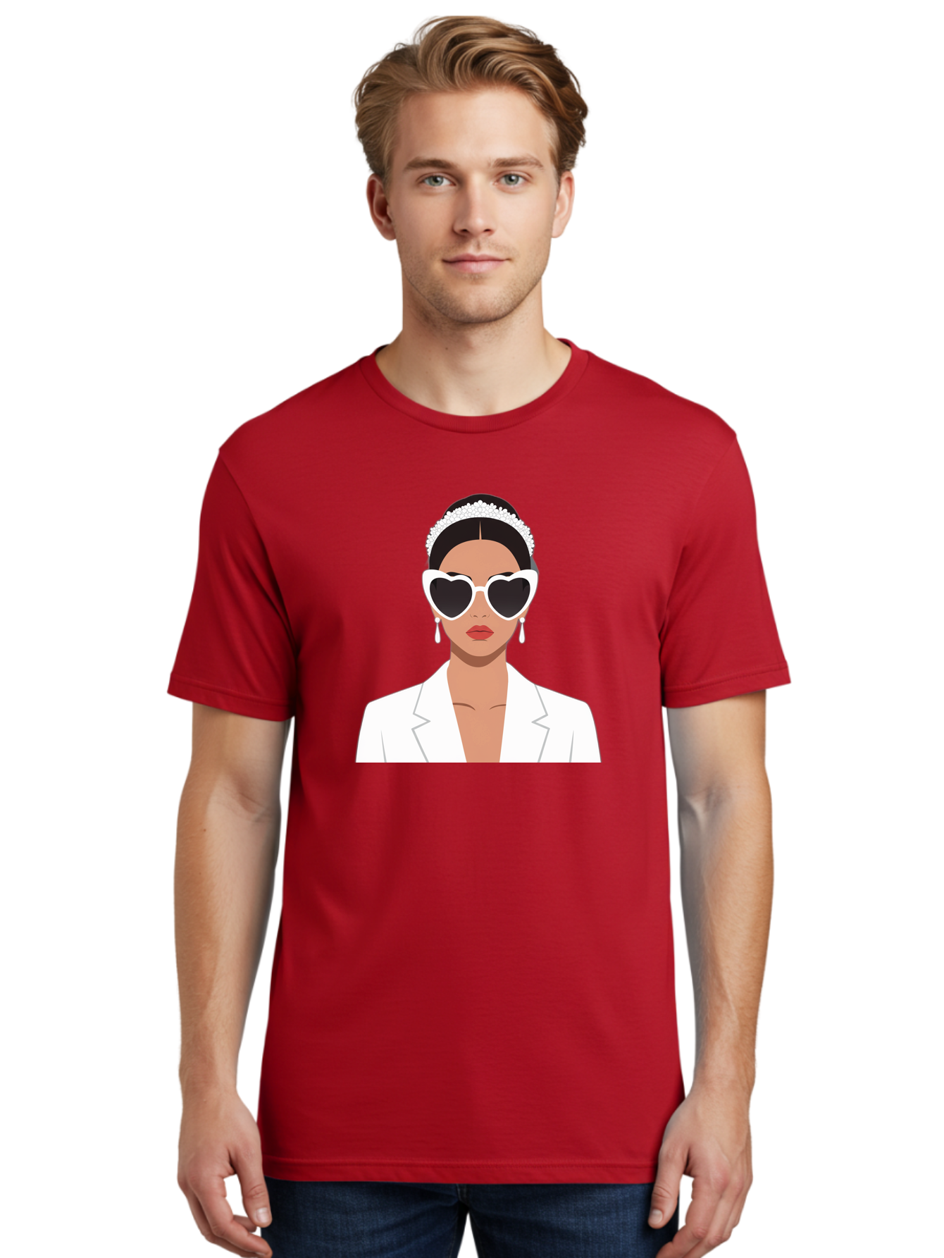 Woman-In-White Men'S Graphic Tee, 100% Cotton, Comfortable Casual Summer Wear, Machine Washable, Fashionable Woman, Heart-Shaped Sunglasses, White Blazer, Elegant Jewelry, Stylish Accessory, Trendy Outfit, Glamorous, Sophisticated Style, Bab593 25