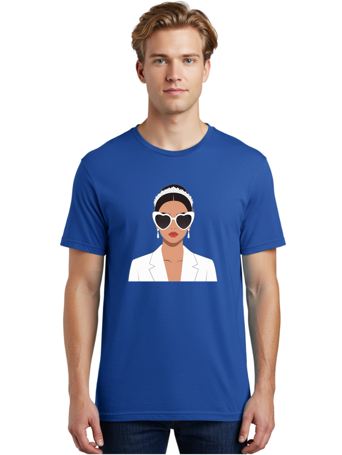 Woman-In-White Men'S Graphic Tee, 100% Cotton, Comfortable Casual Summer Wear, Machine Washable, Fashionable Woman, Heart-Shaped Sunglasses, White Blazer, Elegant Jewelry, Stylish Accessory, Trendy Outfit, Glamorous, Sophisticated Style, Bab593 17