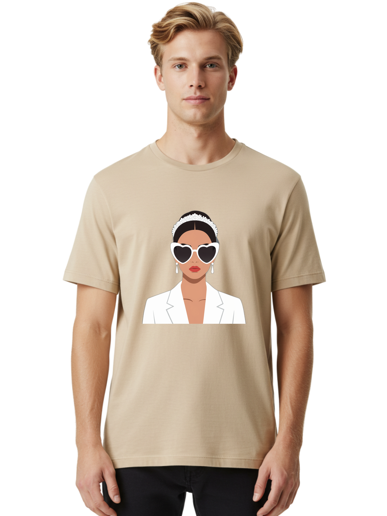 Woman-In-White Men'S Graphic Tee, 100% Cotton, Comfortable Casual Summer Wear, Machine Washable, Fashionable Woman, Heart-Shaped Sunglasses, White Blazer, Elegant Jewelry, Stylish Accessory, Trendy Outfit, Glamorous, Sophisticated Style, Bab593 30