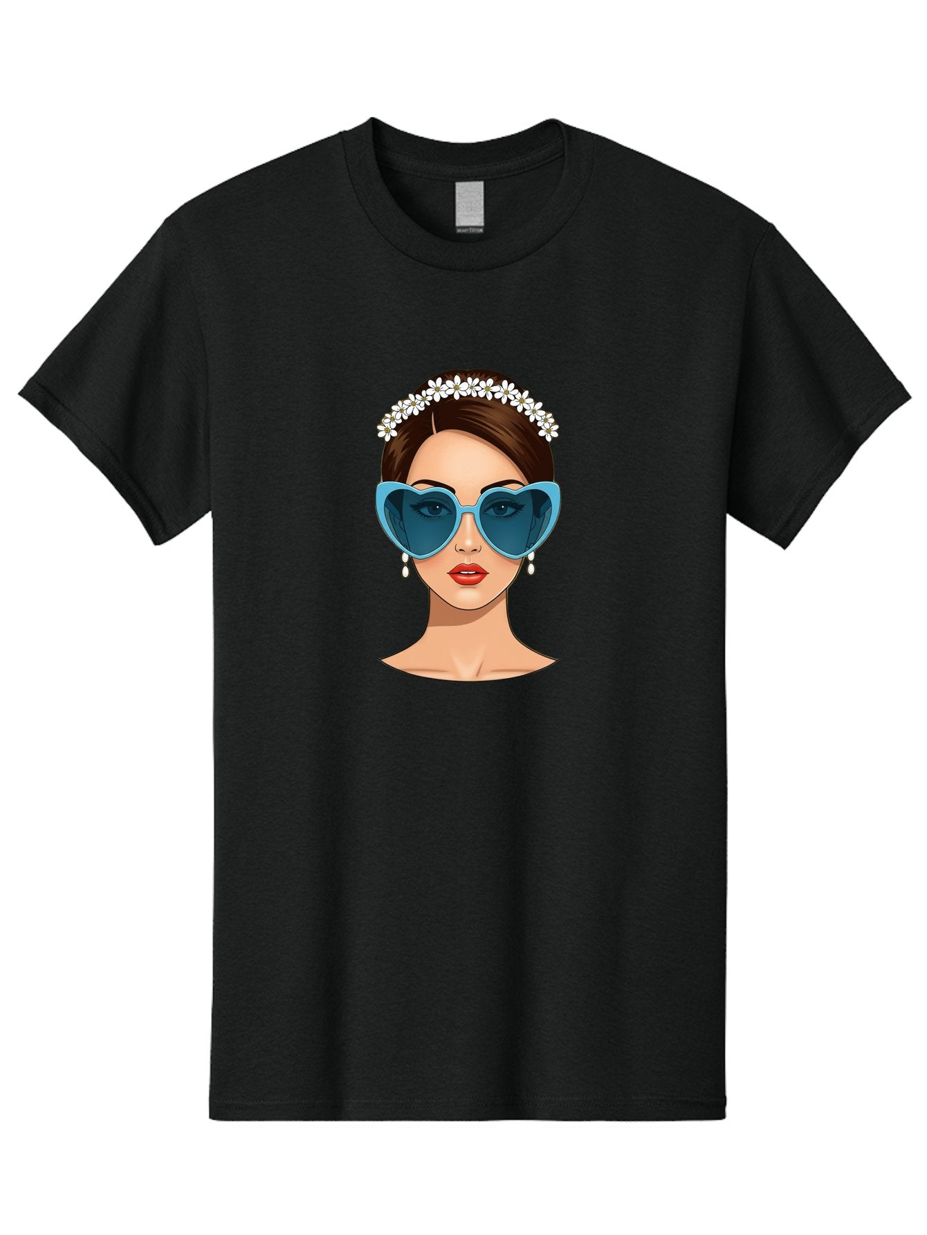 Woman-With-Heart-Shaped-Sunglasses Men'S Graphic Tee, 100% Cotton, Comfortable Casual Summer Wear, Machine Washable, Cartoon Woman, Heart-Shaped Sunglasses, Red Lips, White Floral Headband, Dangling Earrings, Pop Art Style, Bab594 12