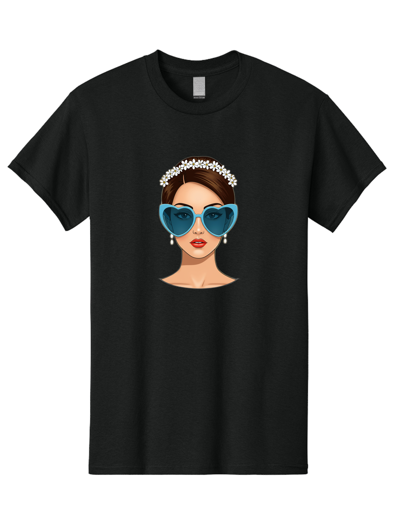 Woman-With-Heart-Shaped-Sunglasses Men'S Graphic Tee, 100% Cotton, Comfortable Casual Summer Wear, Machine Washable, Cartoon Woman, Heart-Shaped Sunglasses, Red Lips, White Floral Headband, Dangling Earrings, Pop Art Style, Bab594 3
