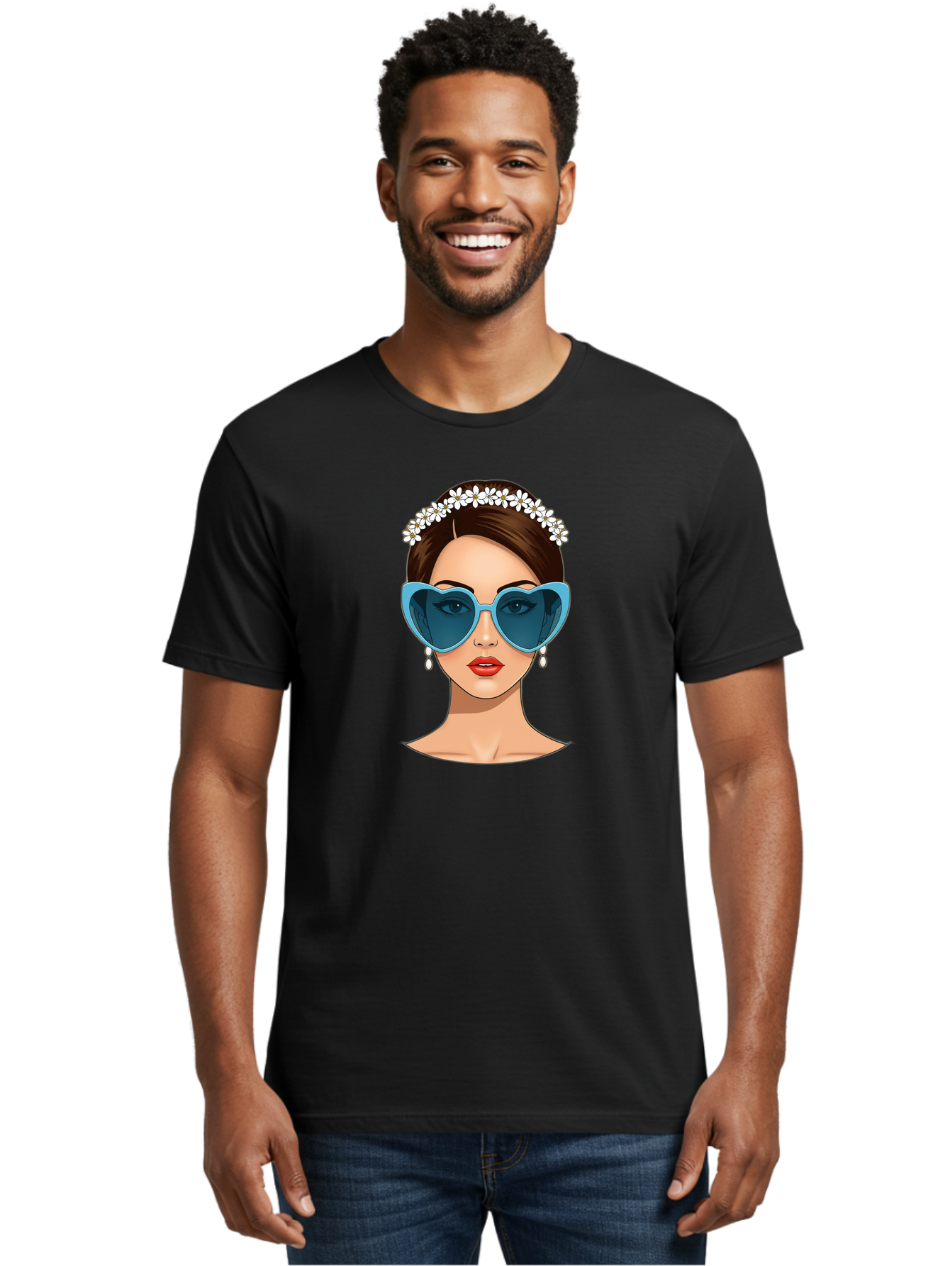Woman-With-Heart-Shaped-Sunglasses Men'S Graphic Tee, 100% Cotton, Comfortable Casual Summer Wear, Machine Washable, Cartoon Woman, Heart-Shaped Sunglasses, Red Lips, White Floral Headband, Dangling Earrings, Pop Art Style, Bab594 18