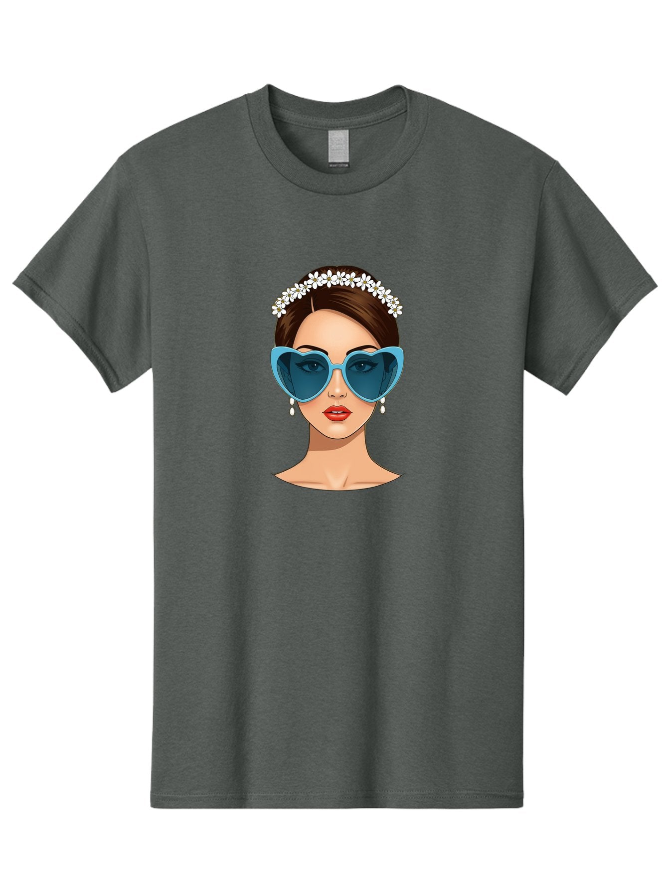 Woman-With-Heart-Shaped-Sunglasses Men'S Graphic Tee, 100% Cotton, Comfortable Casual Summer Wear, Machine Washable, Cartoon Woman, Heart-Shaped Sunglasses, Red Lips, White Floral Headband, Dangling Earrings, Pop Art Style, Bab594 9