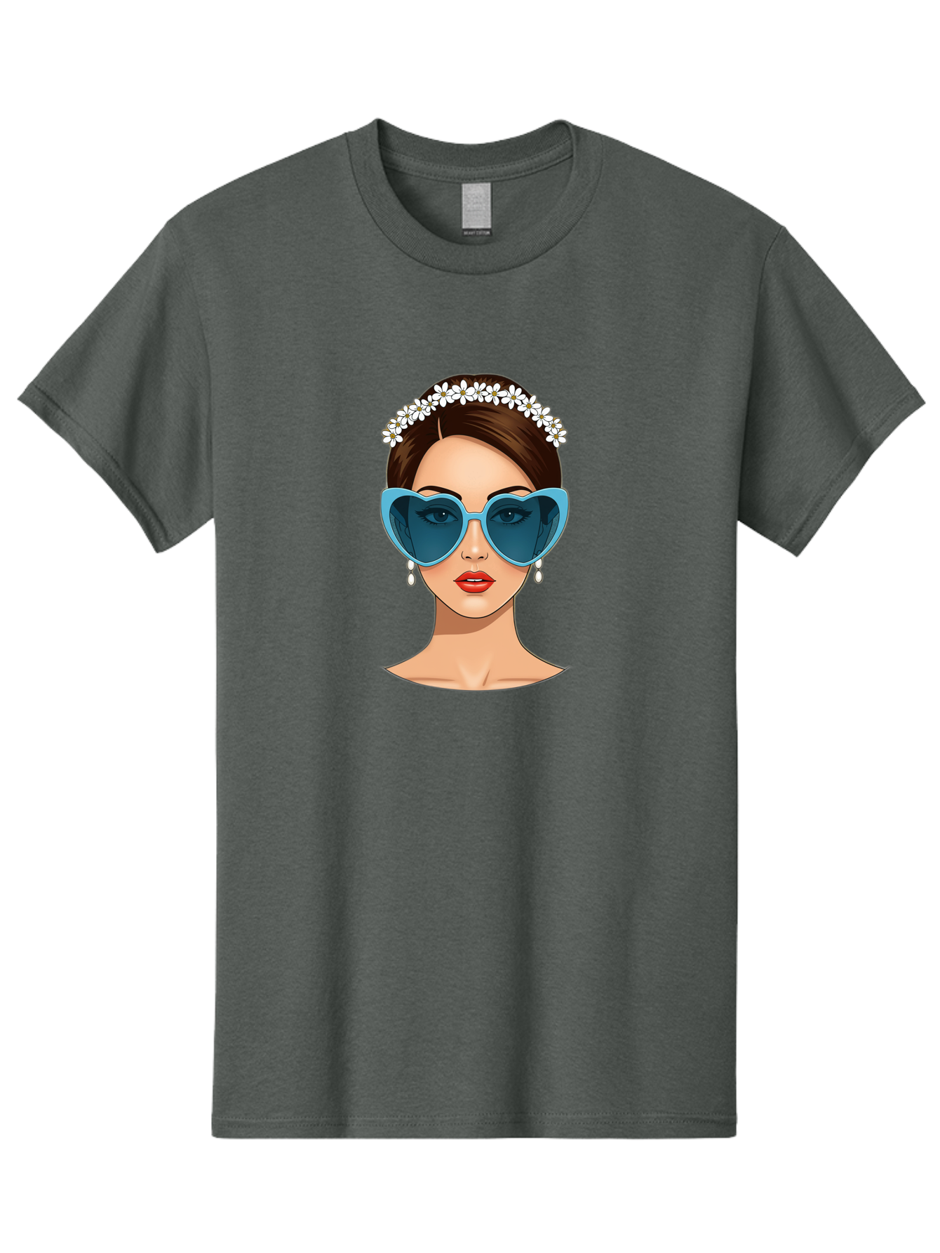 Woman-With-Heart-Shaped-Sunglasses Men'S Graphic Tee, 100% Cotton, Comfortable Casual Summer Wear, Machine Washable, Cartoon Woman, Heart-Shaped Sunglasses, Red Lips, White Floral Headband, Dangling Earrings, Pop Art Style, Bab594 5