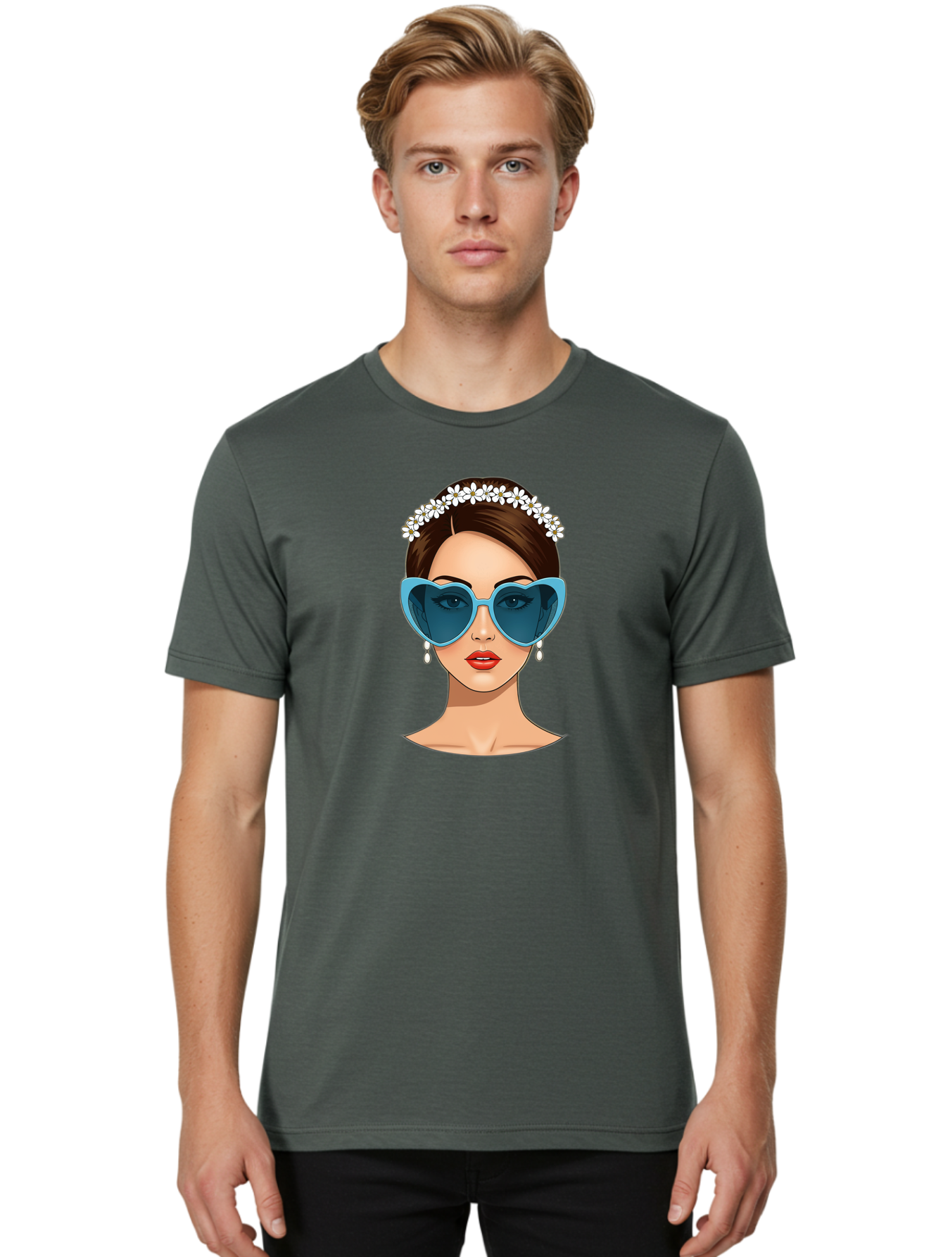 Woman-With-Heart-Shaped-Sunglasses Men'S Graphic Tee, 100% Cotton, Comfortable Casual Summer Wear, Machine Washable, Cartoon Woman, Heart-Shaped Sunglasses, Red Lips, White Floral Headband, Dangling Earrings, Pop Art Style, Bab594 20