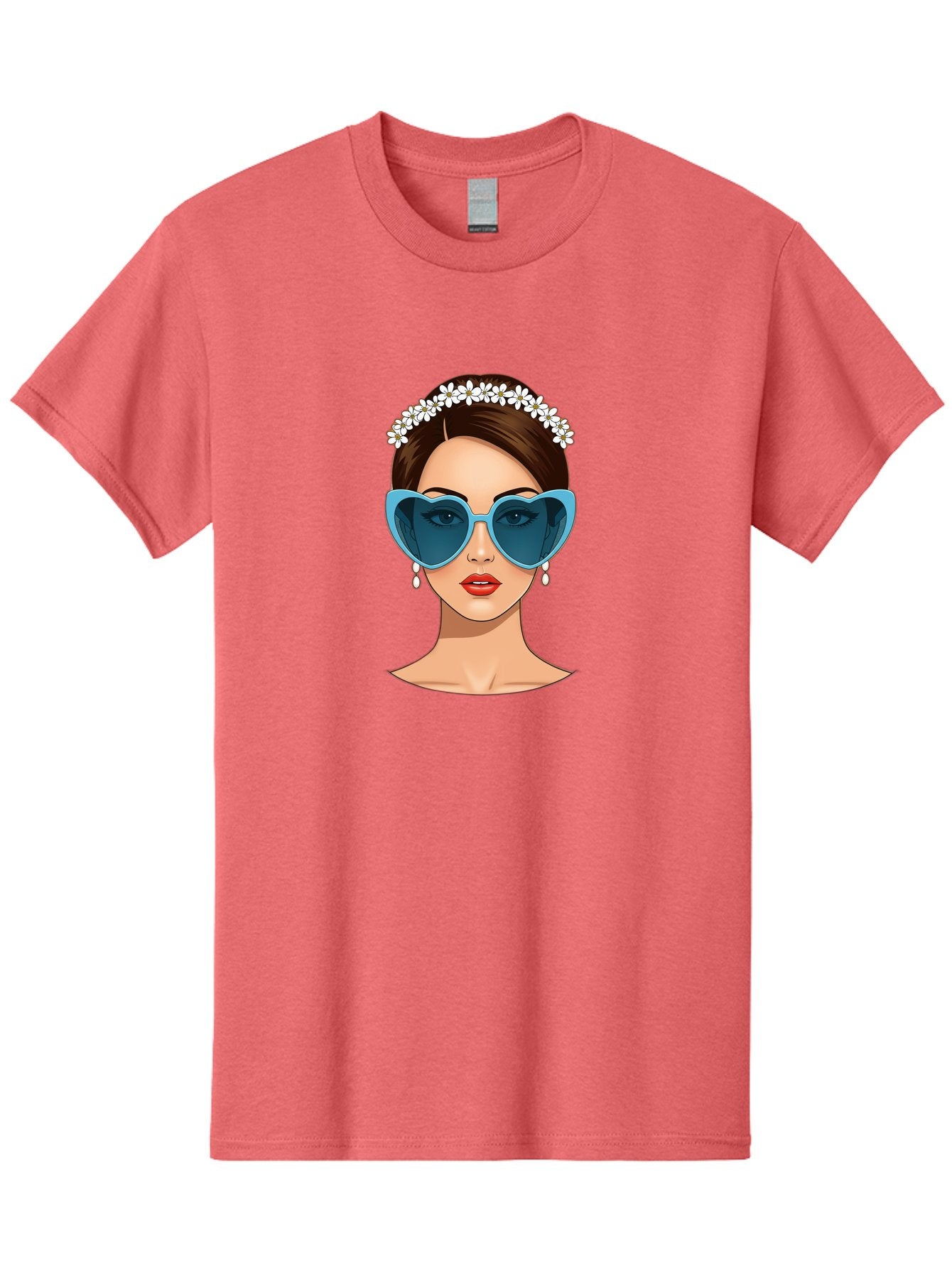 Woman-With-Heart-Shaped-Sunglasses Men'S Graphic Tee, 100% Cotton, Comfortable Casual Summer Wear, Machine Washable, Cartoon Woman, Heart-Shaped Sunglasses, Red Lips, White Floral Headband, Dangling Earrings, Pop Art Style, Bab594 4