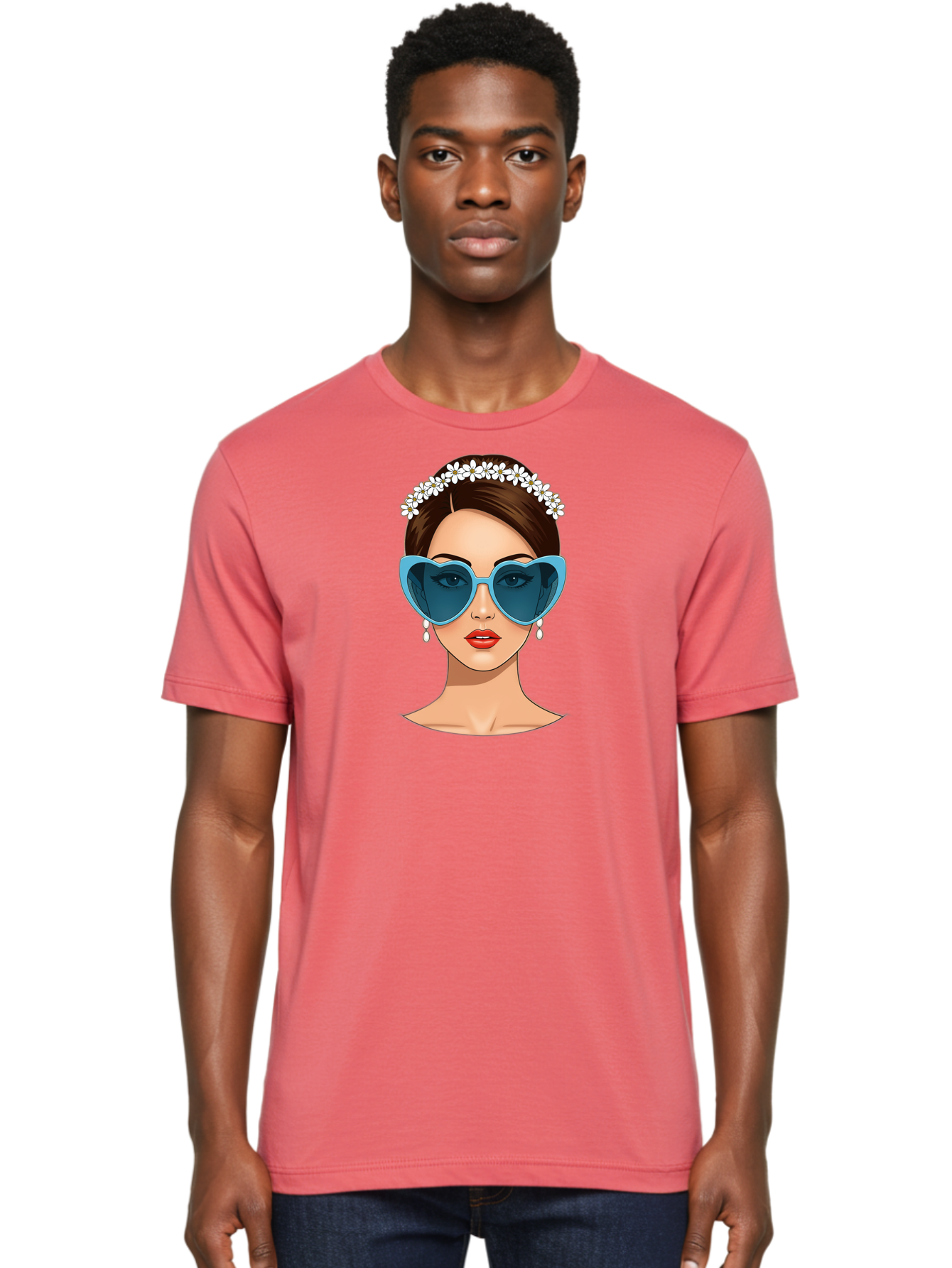 Woman-With-Heart-Shaped-Sunglasses Men'S Graphic Tee, 100% Cotton, Comfortable Casual Summer Wear, Machine Washable, Cartoon Woman, Heart-Shaped Sunglasses, Red Lips, White Floral Headband, Dangling Earrings, Pop Art Style, Bab594 27