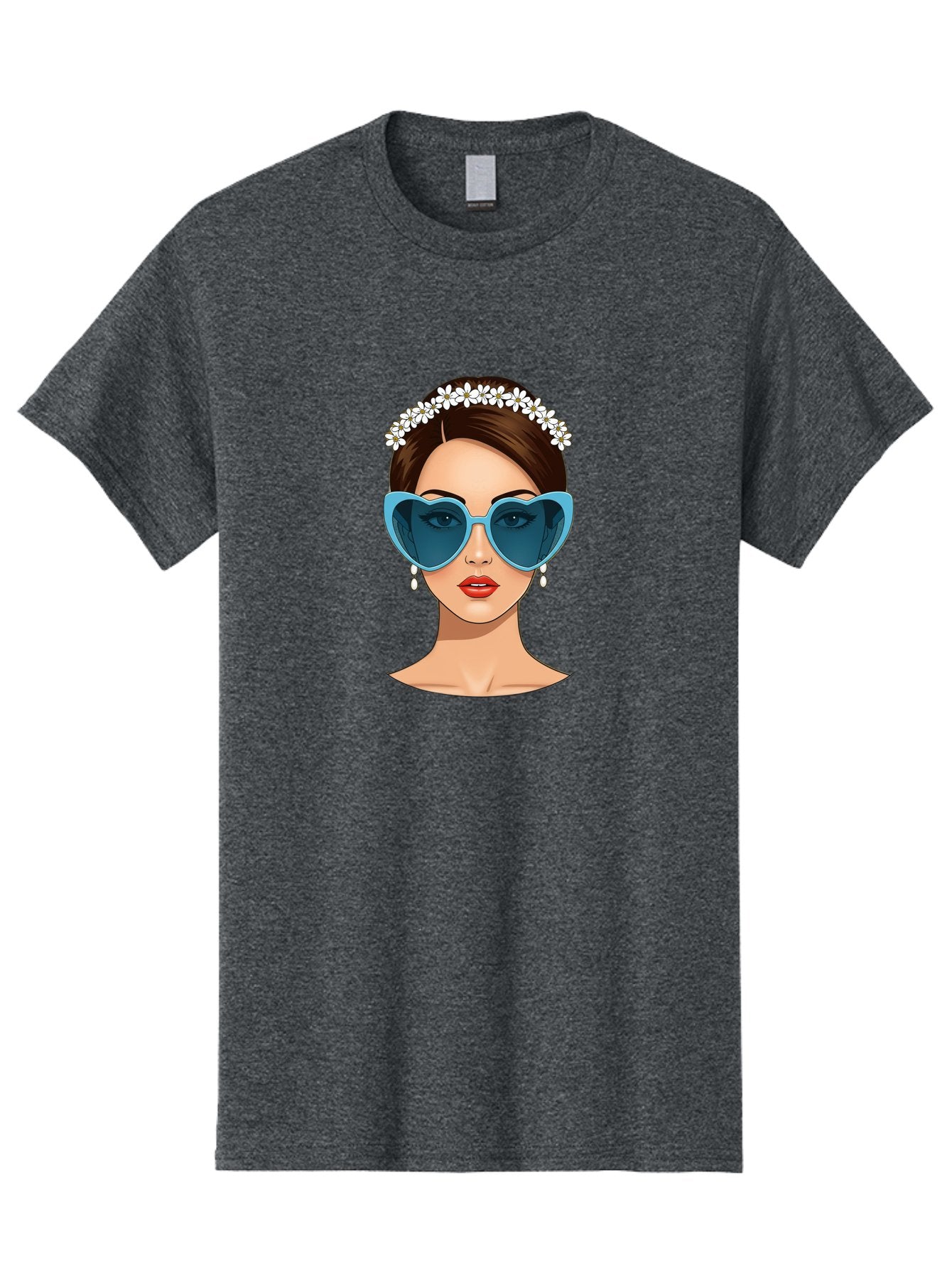 Woman-With-Heart-Shaped-Sunglasses Men'S Graphic Tee, 100% Cotton, Comfortable Casual Summer Wear, Machine Washable, Cartoon Woman, Heart-Shaped Sunglasses, Red Lips, White Floral Headband, Dangling Earrings, Pop Art Style, Bab594 3