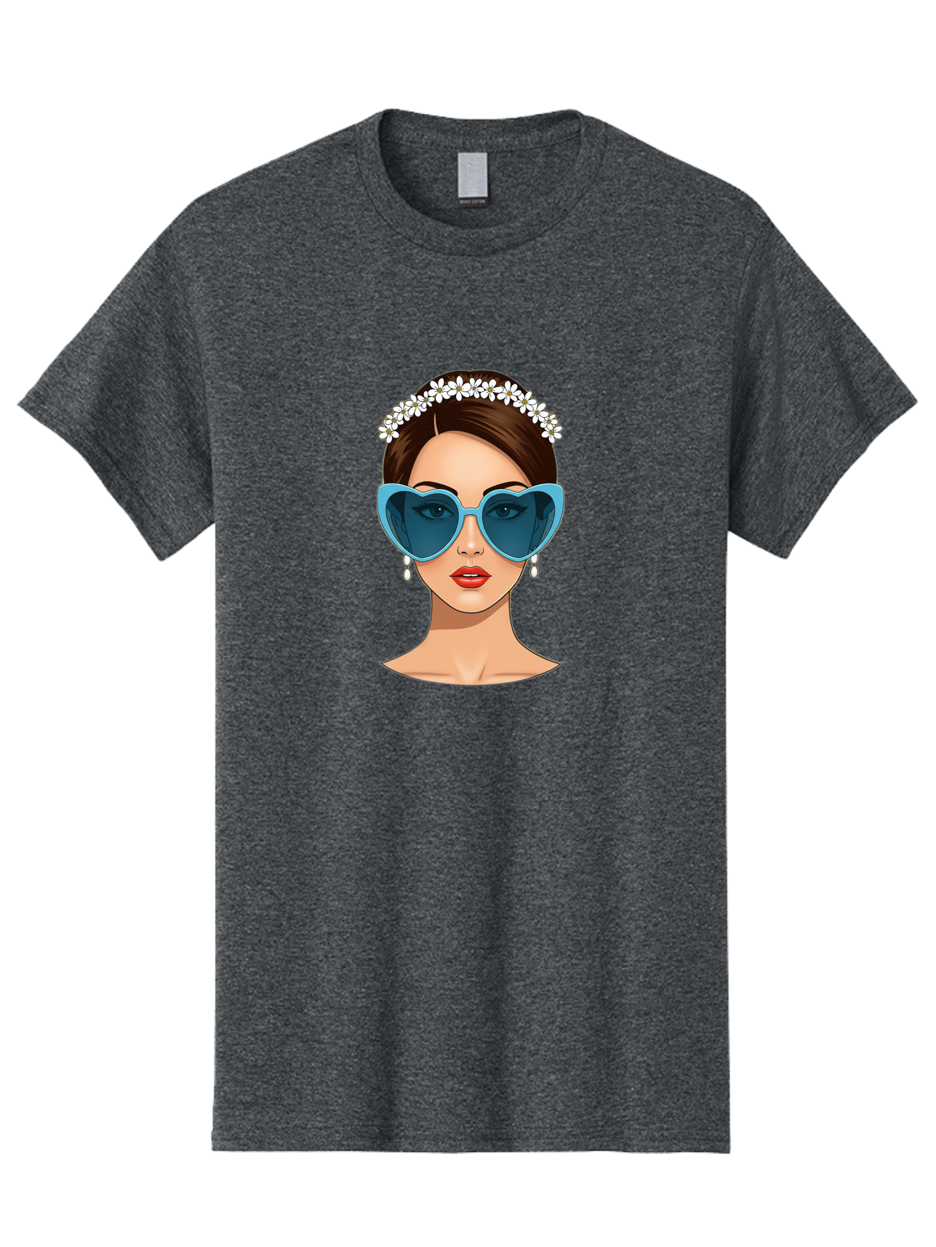 Woman-With-Heart-Shaped-Sunglasses Men'S Graphic Tee, 100% Cotton, Comfortable Casual Summer Wear, Machine Washable, Cartoon Woman, Heart-Shaped Sunglasses, Red Lips, White Floral Headband, Dangling Earrings, Pop Art Style, Bab594 9