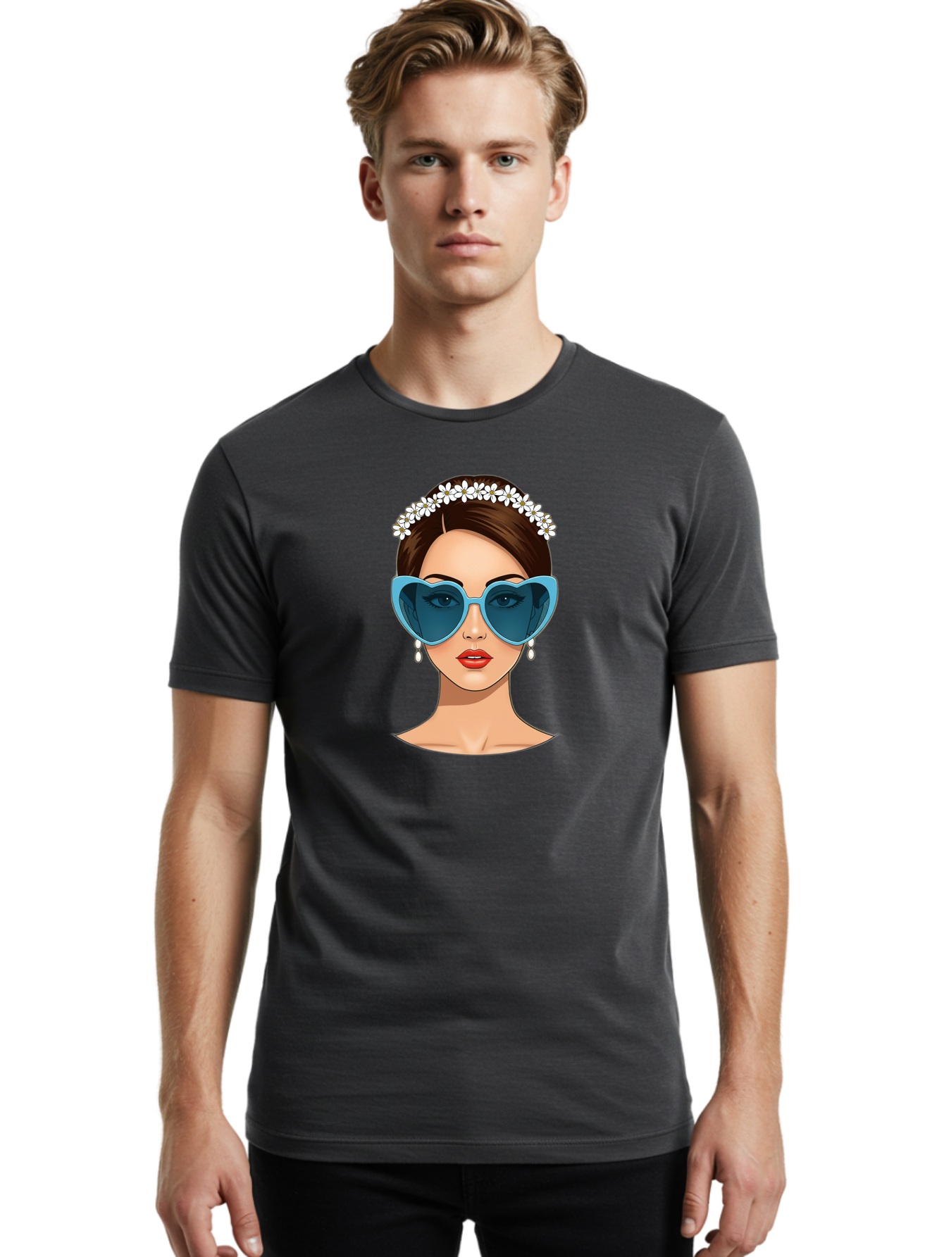 Woman-With-Heart-Shaped-Sunglasses Men'S Graphic Tee, 100% Cotton, Comfortable Casual Summer Wear, Machine Washable, Cartoon Woman, Heart-Shaped Sunglasses, Red Lips, White Floral Headband, Dangling Earrings, Pop Art Style, Bab594 24