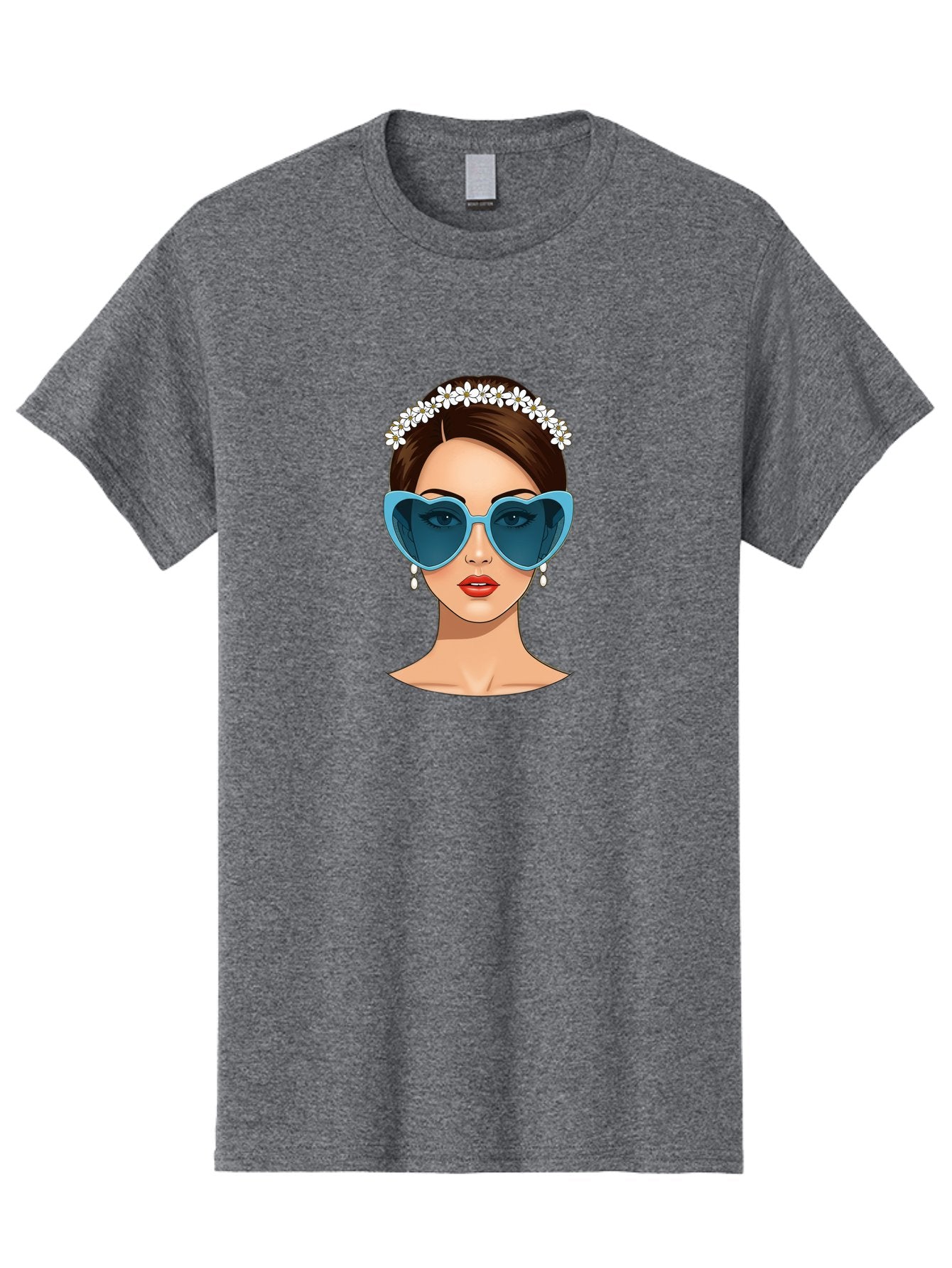 Woman-With-Heart-Shaped-Sunglasses Men'S Graphic Tee, 100% Cotton, Comfortable Casual Summer Wear, Machine Washable, Cartoon Woman, Heart-Shaped Sunglasses, Red Lips, White Floral Headband, Dangling Earrings, Pop Art Style, Bab594 8