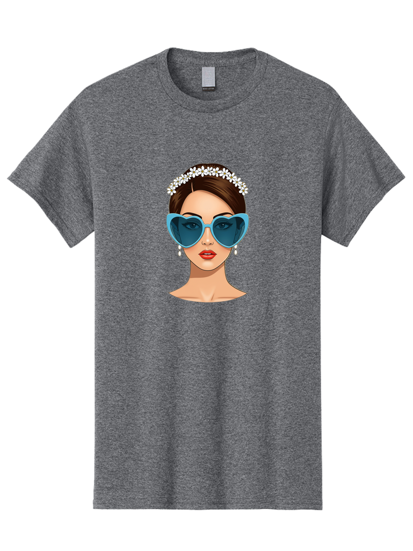 Woman-With-Heart-Shaped-Sunglasses Men'S Graphic Tee, 100% Cotton, Comfortable Casual Summer Wear, Machine Washable, Cartoon Woman, Heart-Shaped Sunglasses, Red Lips, White Floral Headband, Dangling Earrings, Pop Art Style, Bab594 6